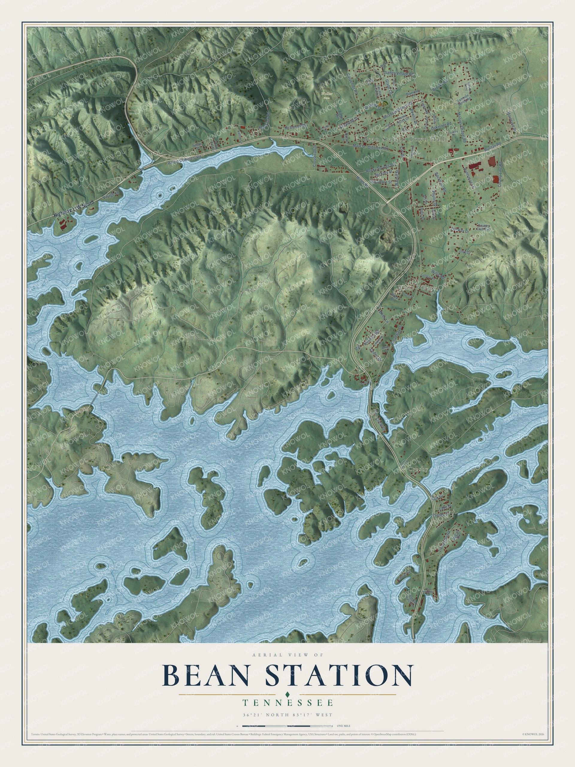 Full map of Bean Station, Tennessee, with red buildings, printed street names and the land around them