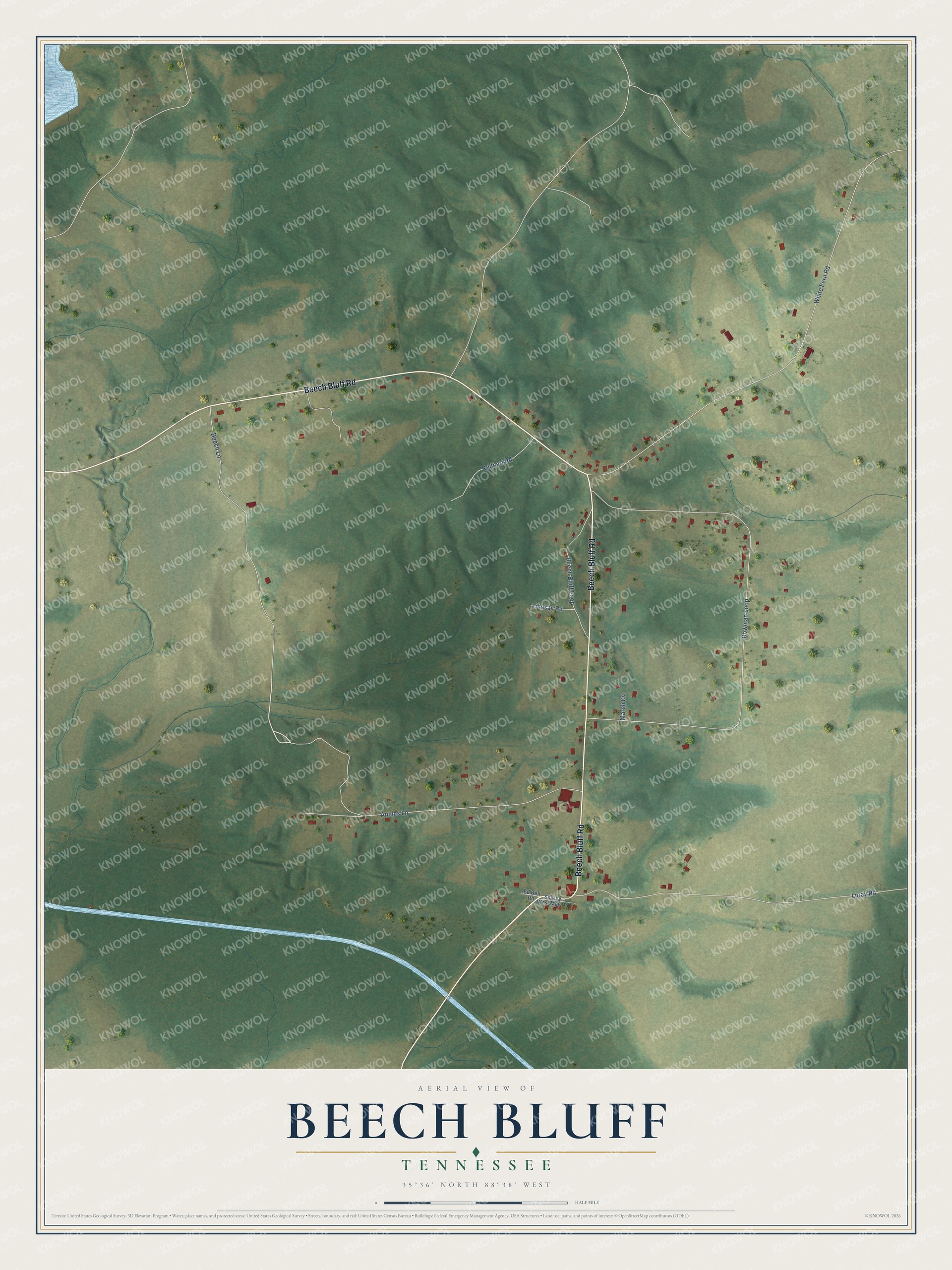 Full map of Beech Bluff, Tennessee, with red buildings, printed street names and the land around them