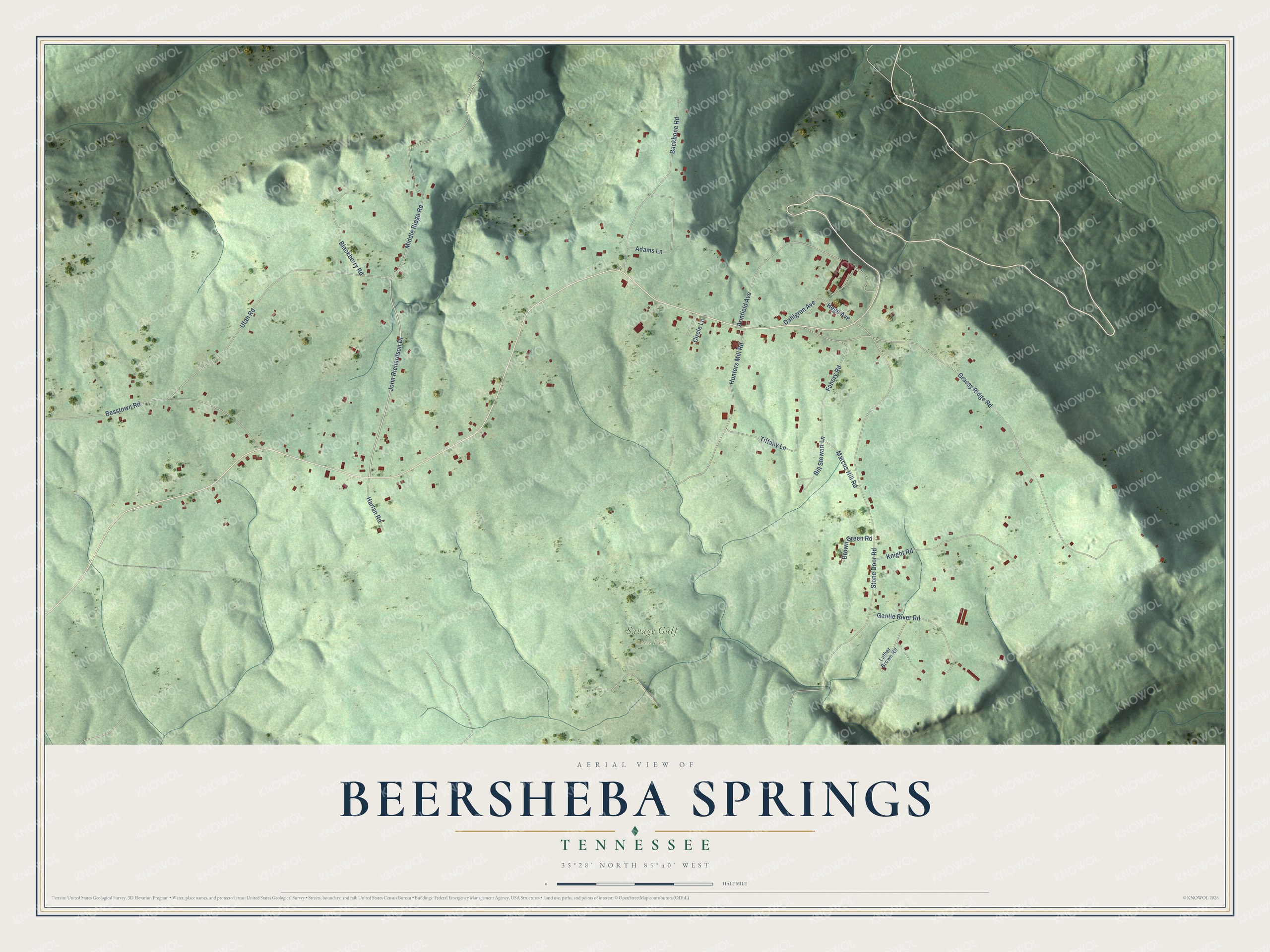 Full map of Beersheba Springs, Tennessee, with red buildings, printed street names and the land around them