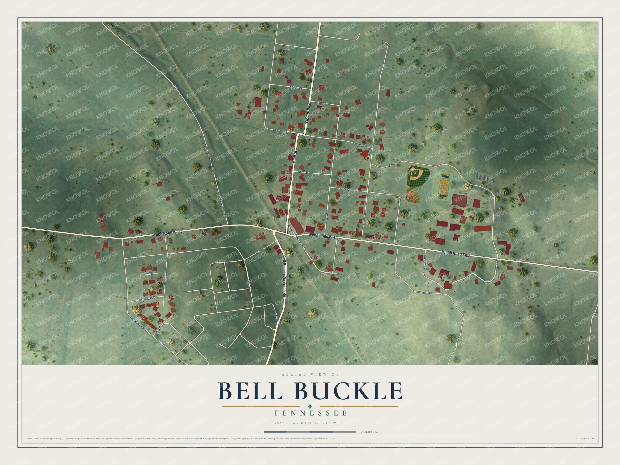 Full map of Bell Buckle, Tennessee, with red buildings, printed street names and the land around them