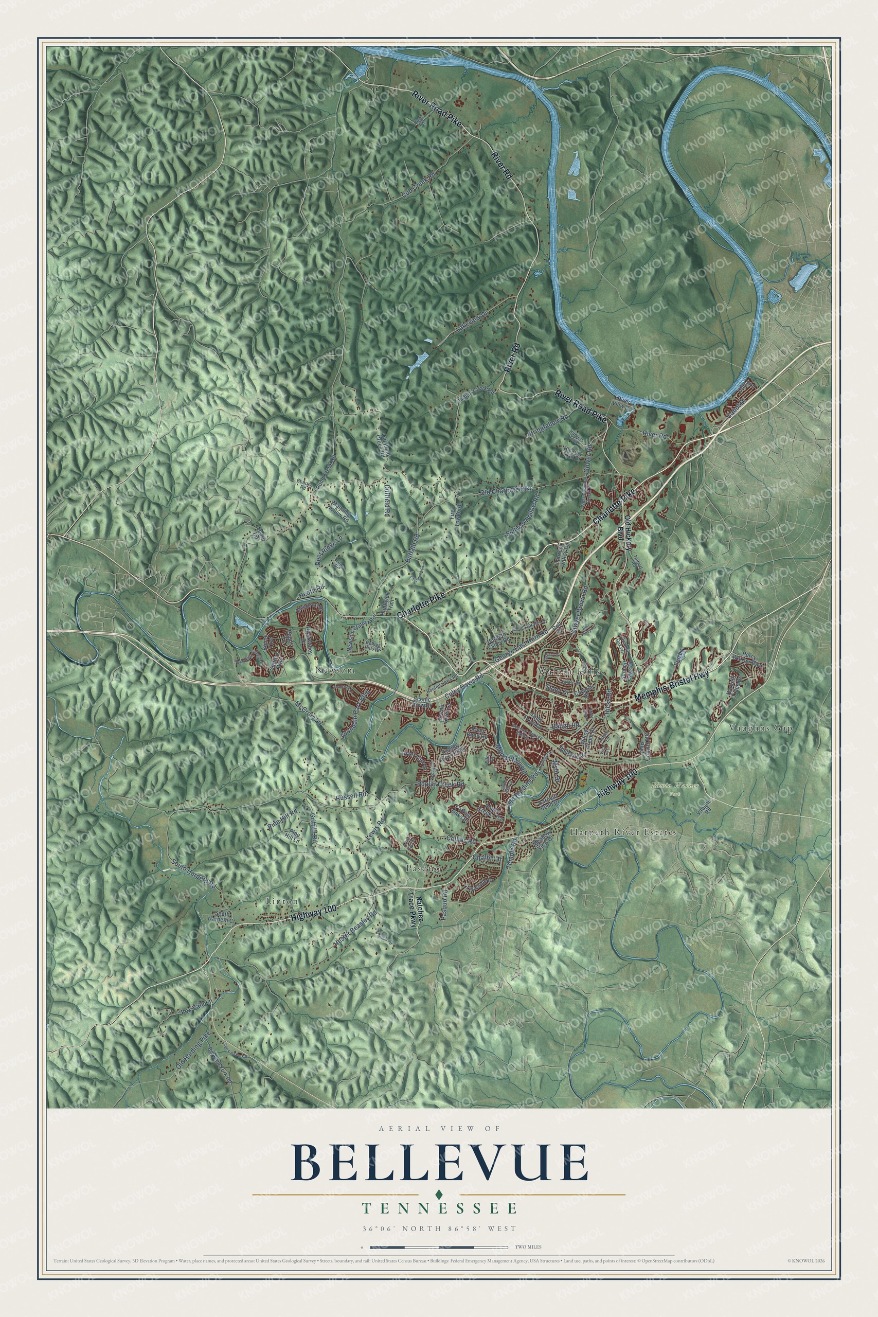 Full map of Bellevue, Tennessee, with red buildings, printed street names and the land around them