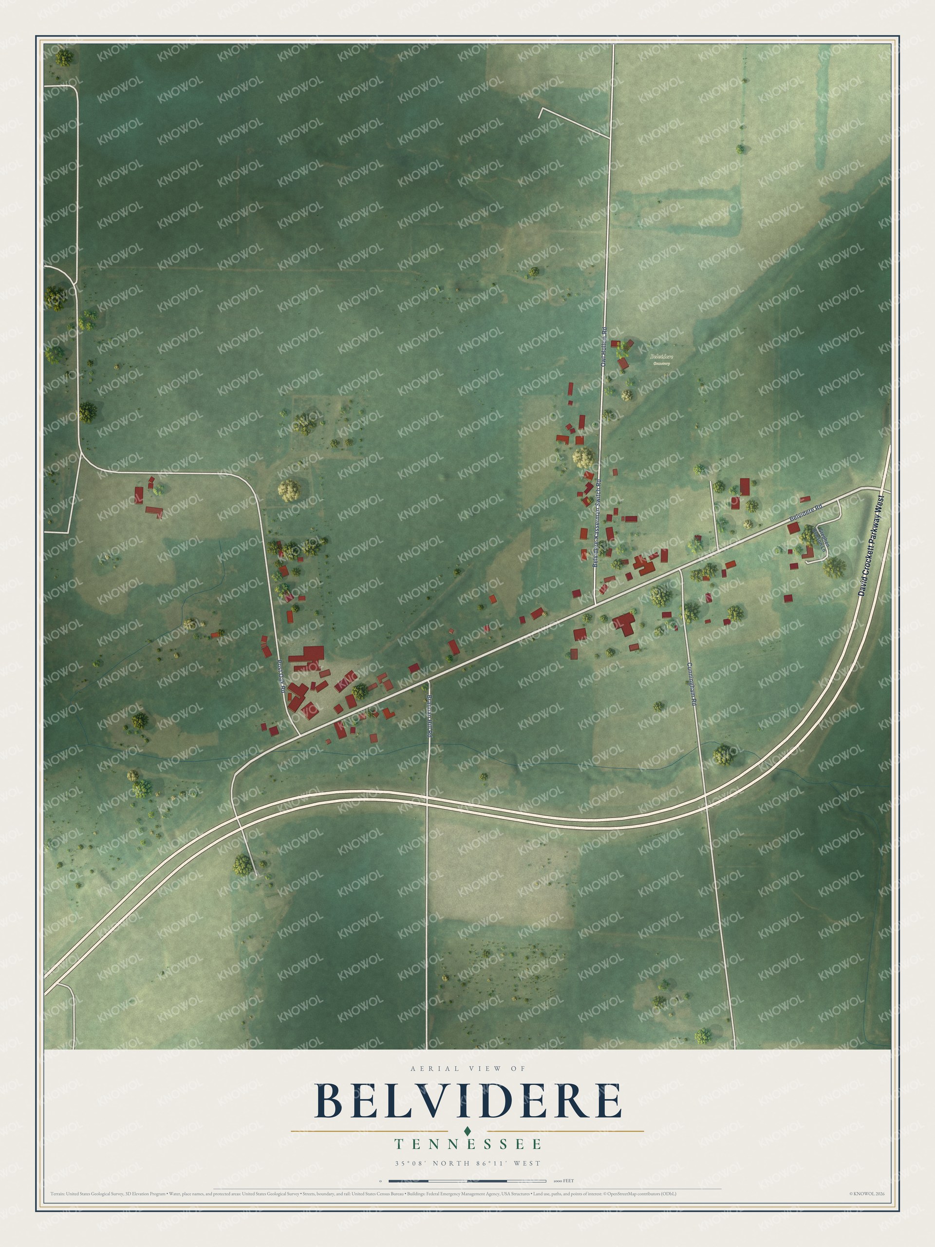 Full map of Belvidere, Tennessee, with red buildings, printed street names and the land around them