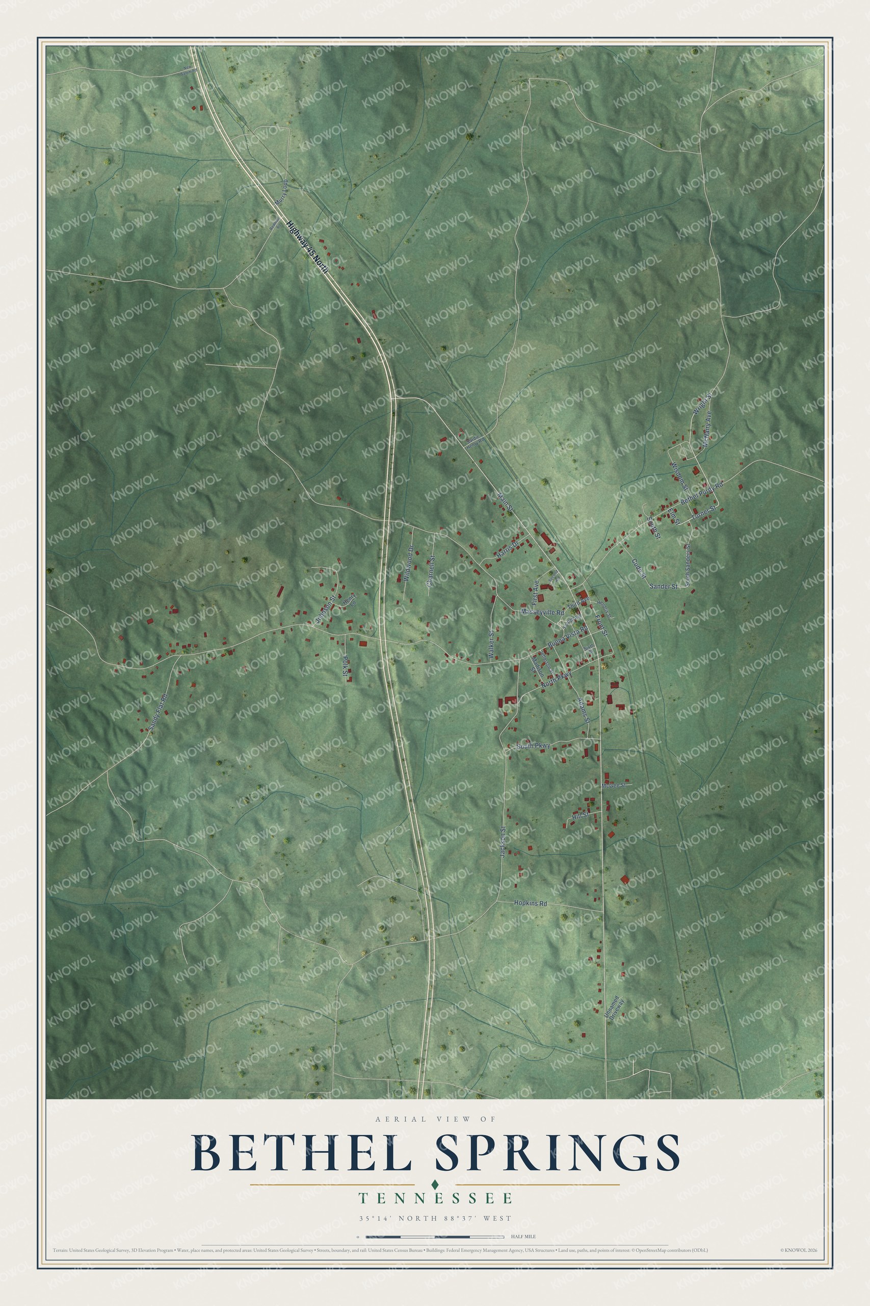 Full map of Bethel Springs, Tennessee, with red buildings, printed street names and the land around them