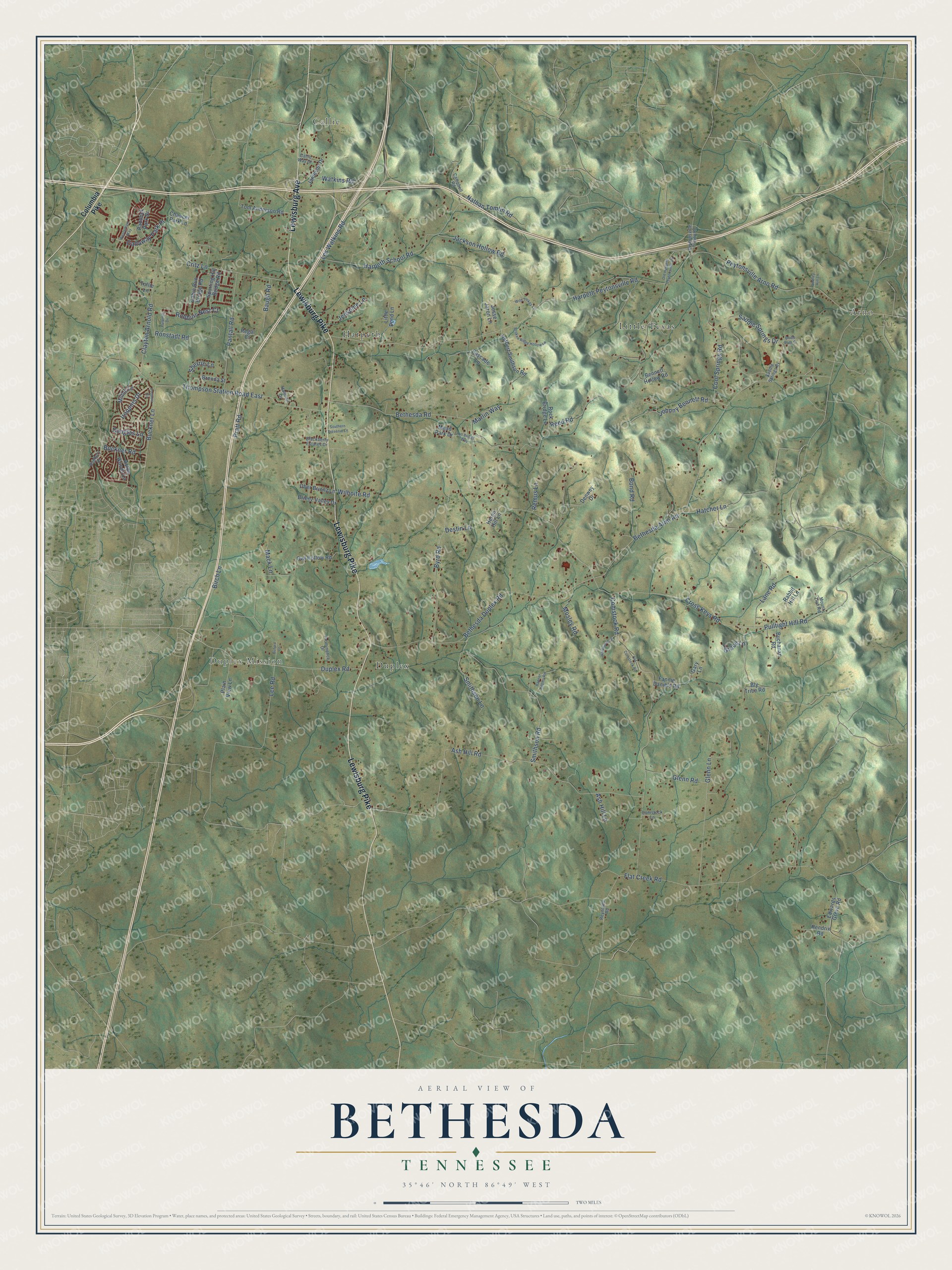 Full map of Bethesda, Tennessee, with red buildings, printed street names and the land around them