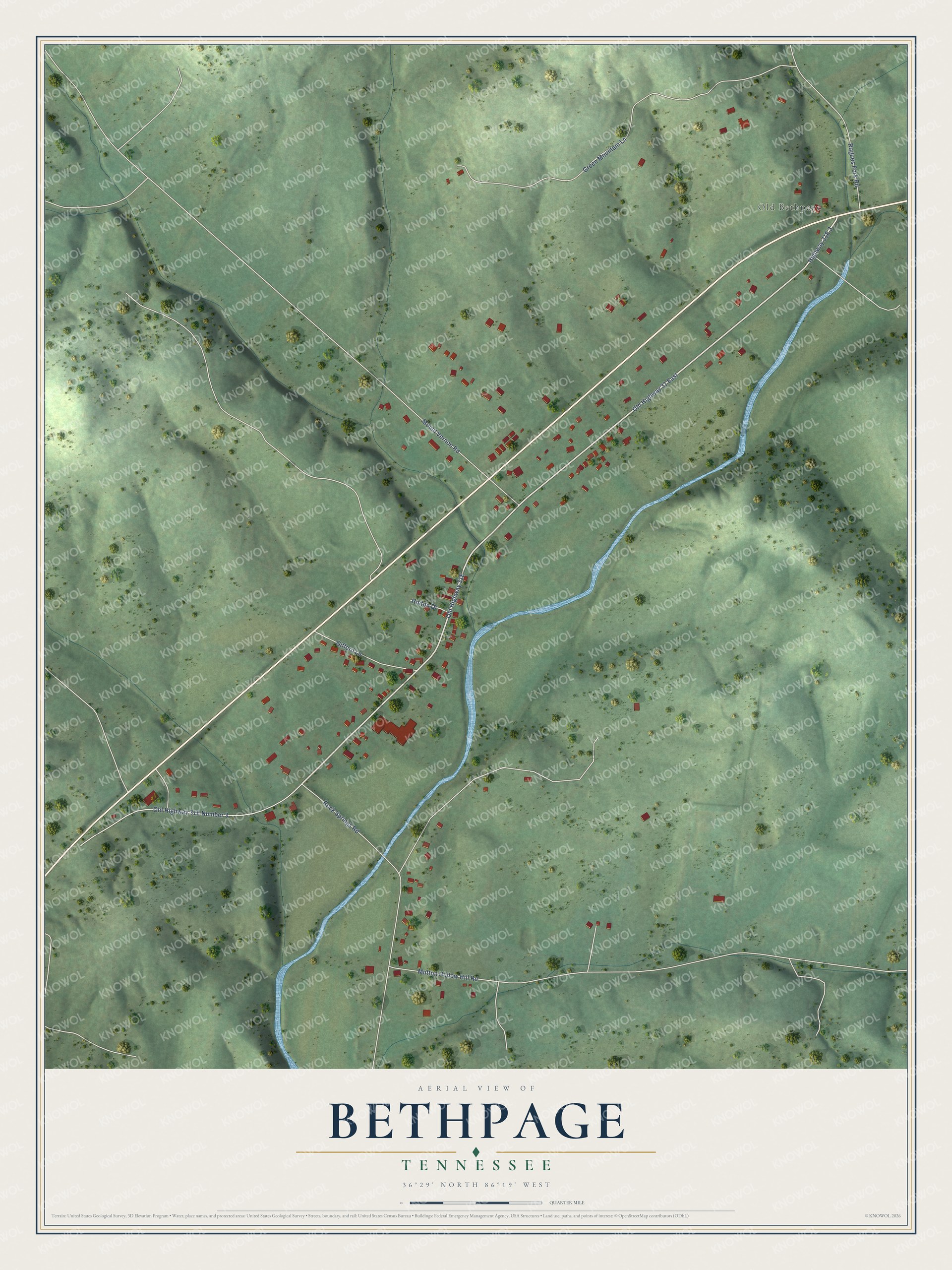 Full map of Bethpage, Tennessee, with red buildings, printed street names and the land around them