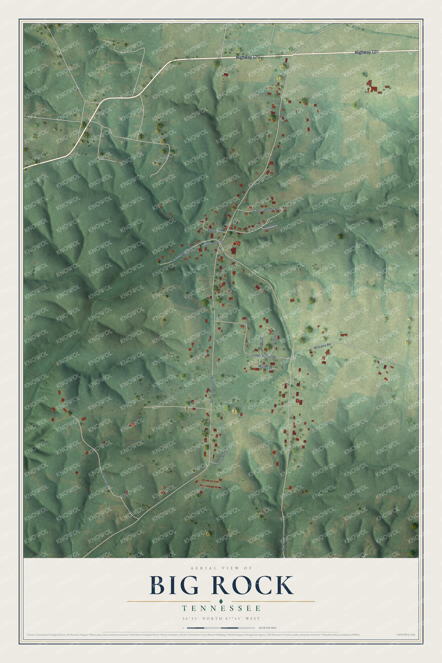 Full map of Big Rock, Tennessee, with red buildings, printed street names and the land around them