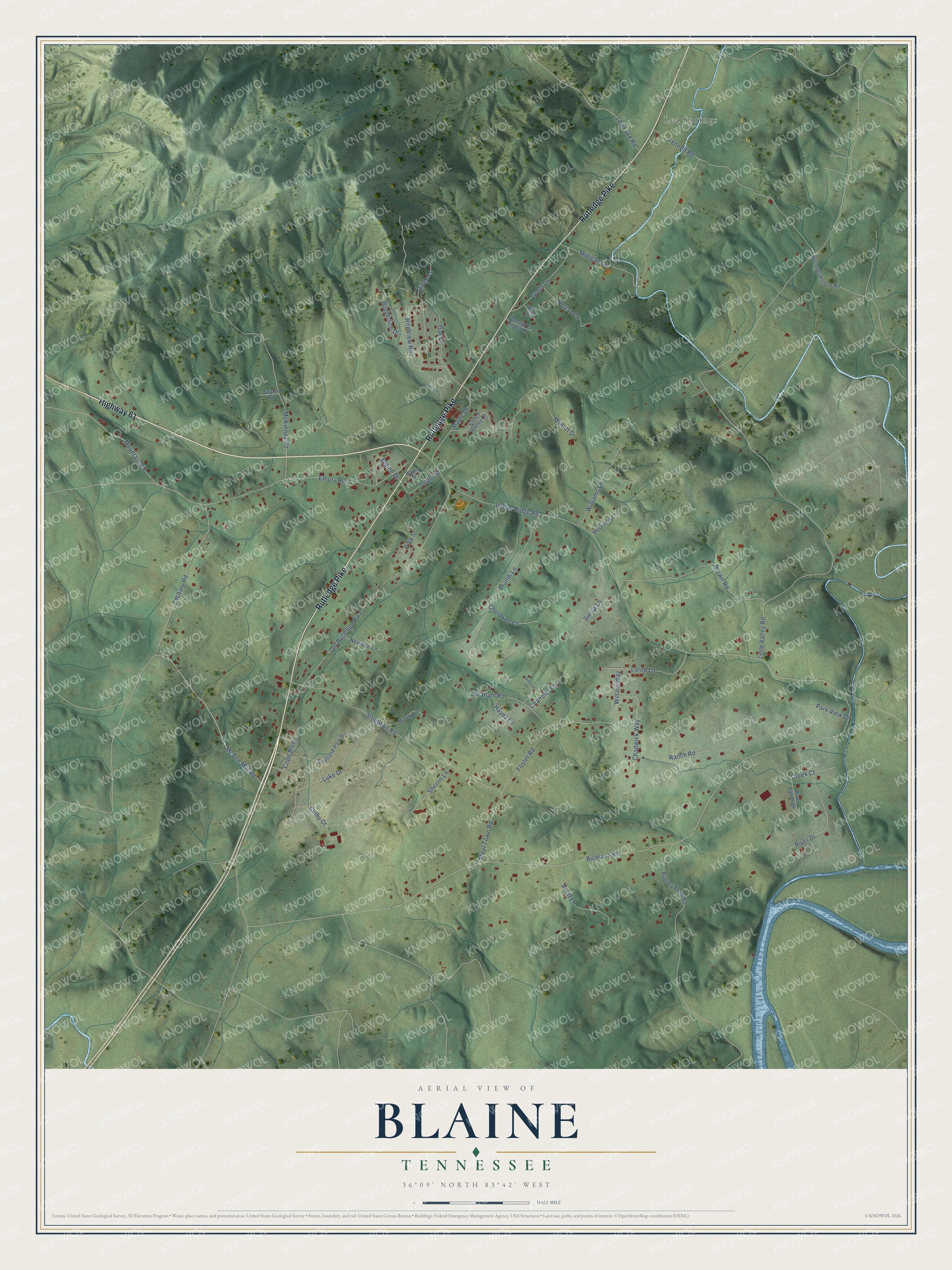 Full map of Blaine, Tennessee, with red buildings, printed street names and the land around them