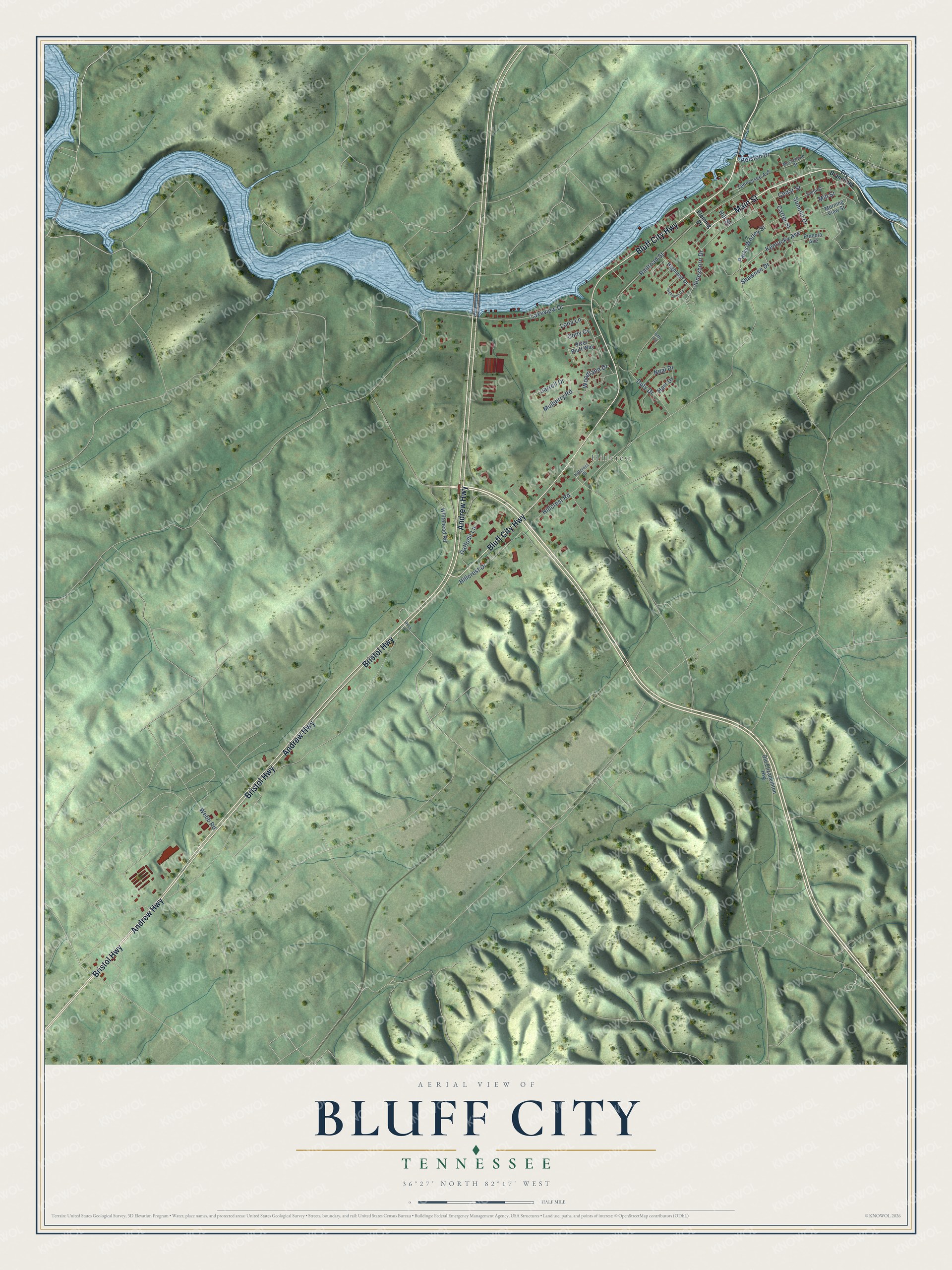 Full map of Bluff City, Tennessee, with red buildings, printed street names and the land around them