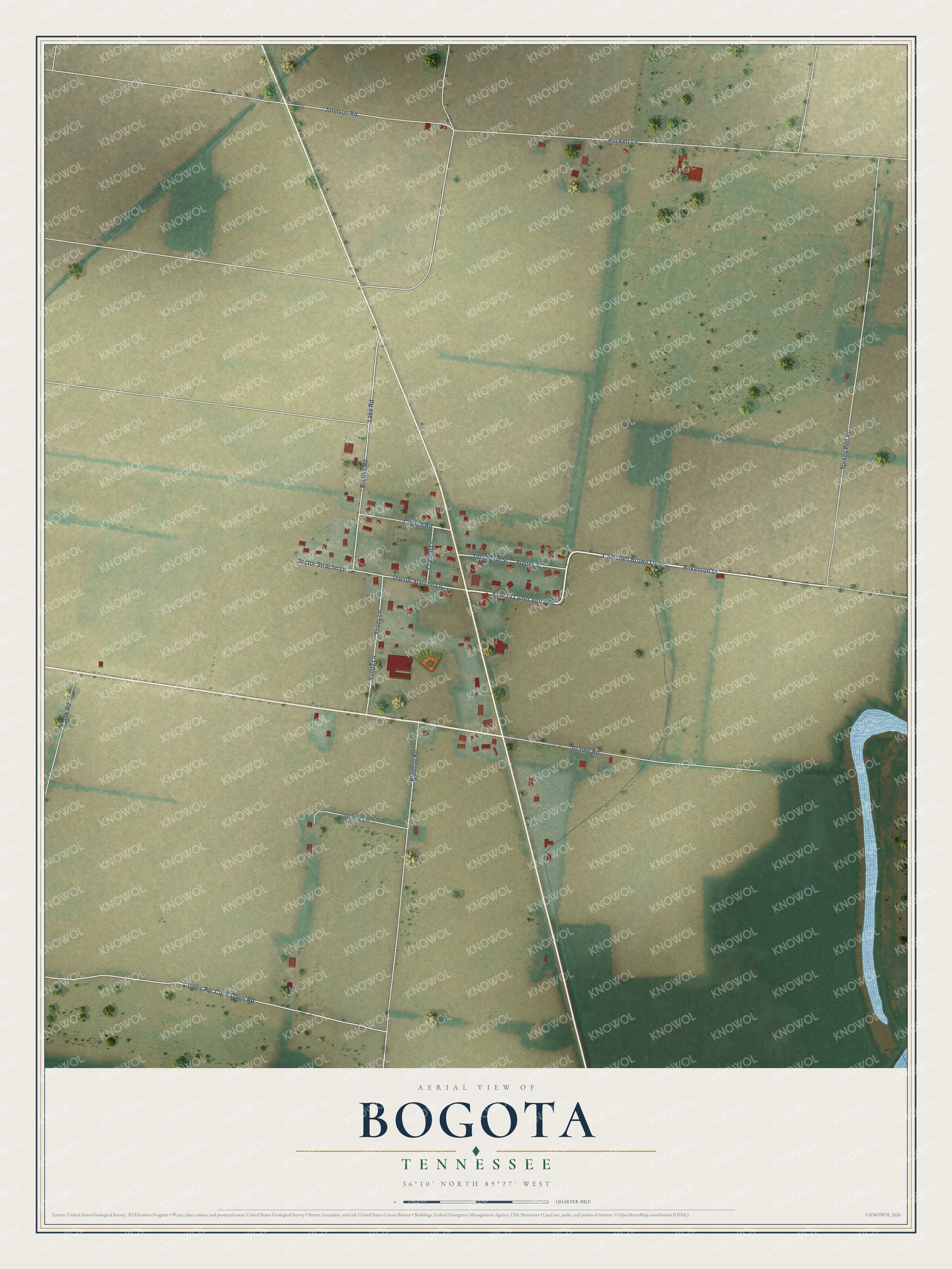 Full map of Bogota, Tennessee, with red buildings, printed street names and the land around them