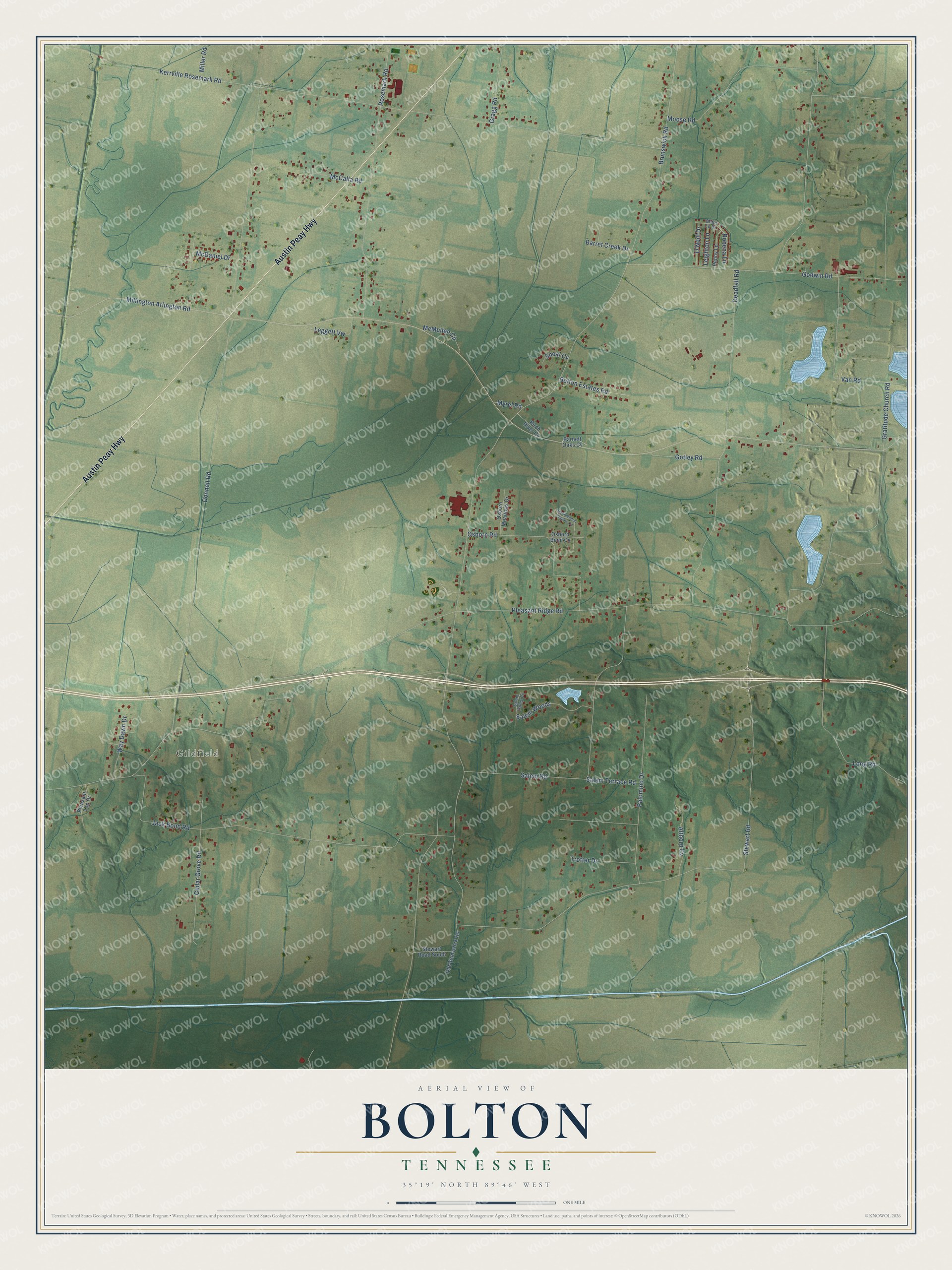 Full map of Bolton, Tennessee, with red buildings, printed street names and the land around them