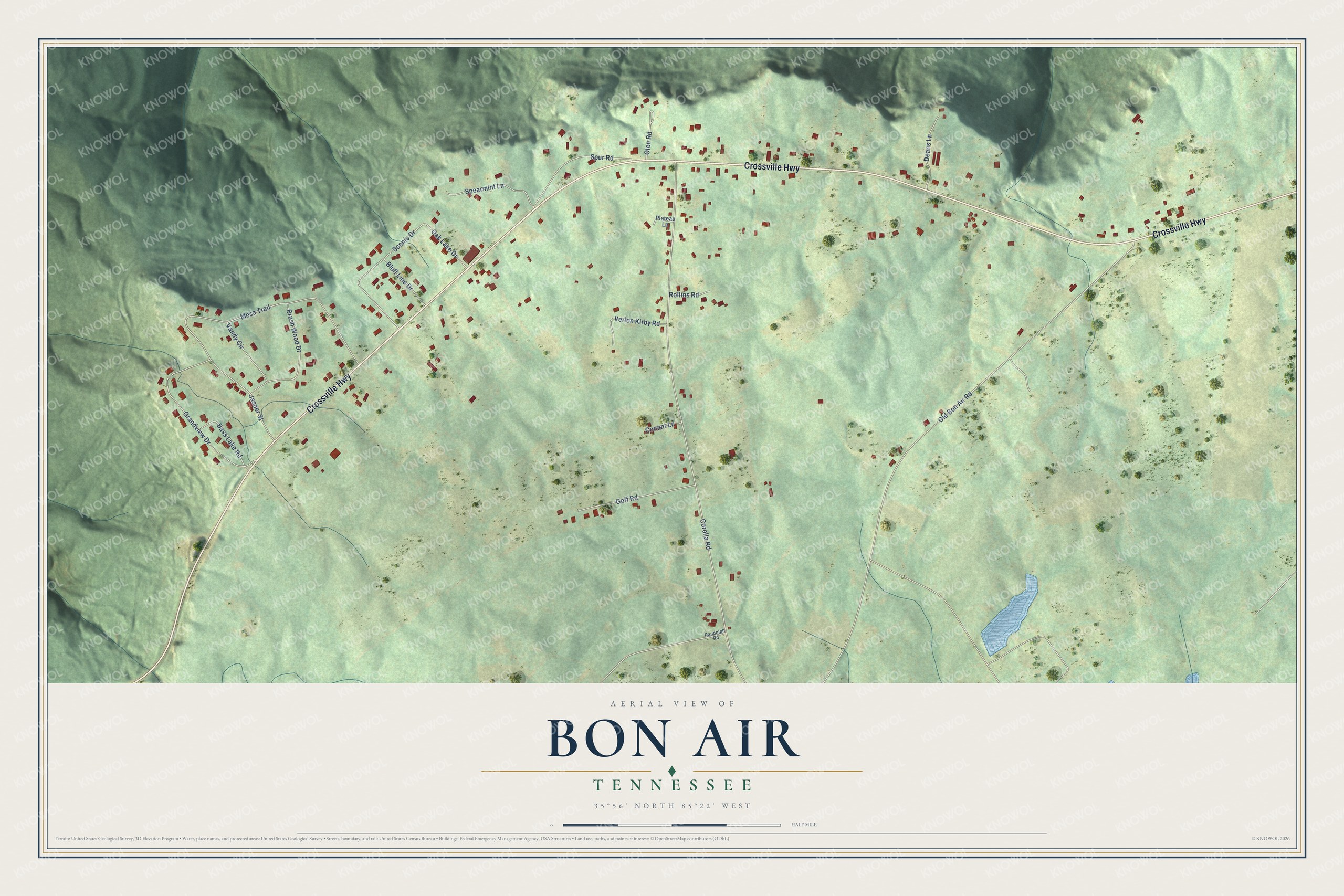 Full map of Bon Air, Tennessee, with red buildings, printed street names and the land around them