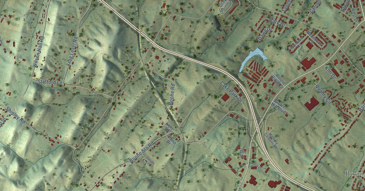 Close-up of streets and buildings in Boone, Tennessee