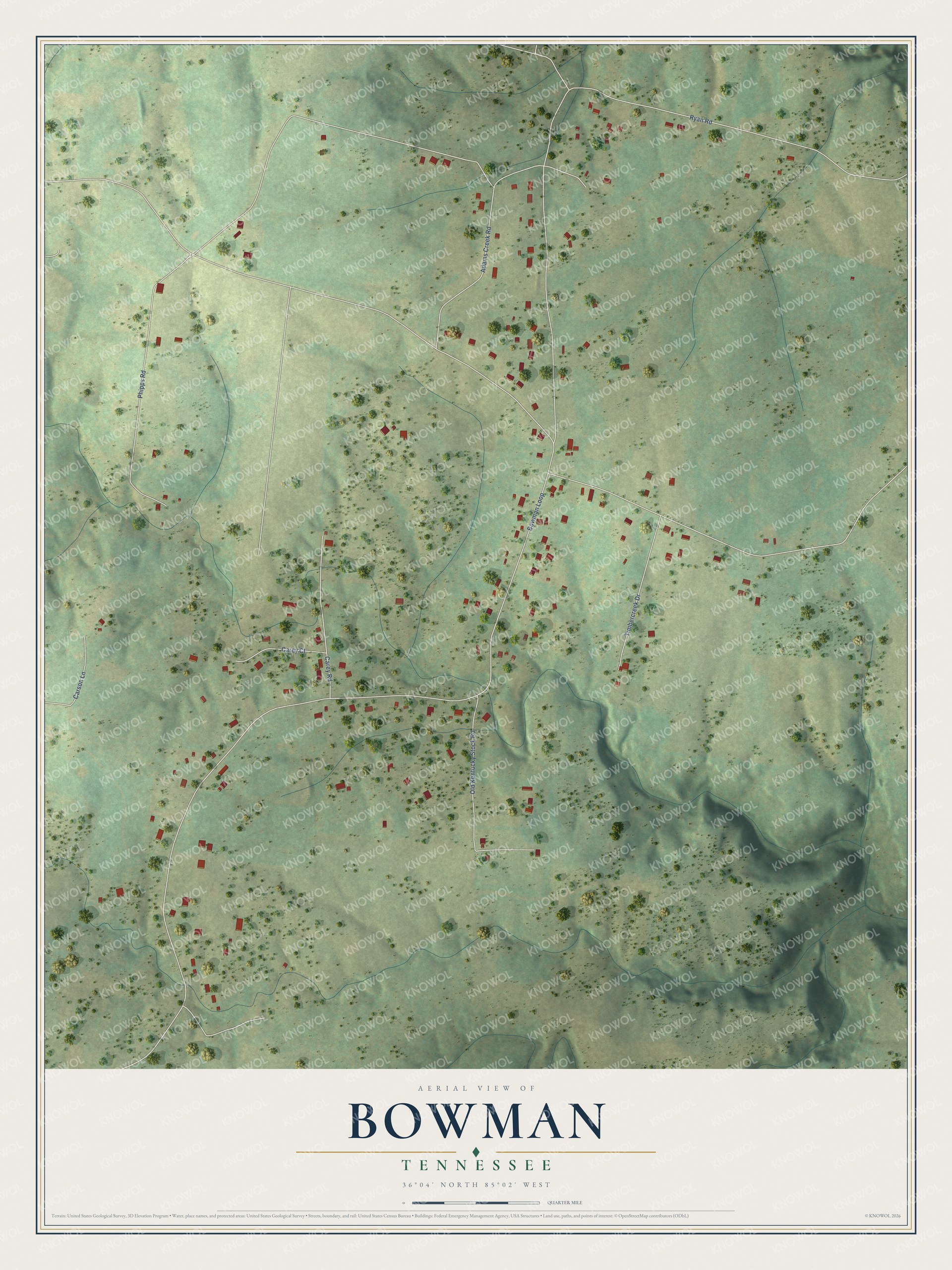 Full map of Bowman, Tennessee, with red buildings, printed street names and the land around them