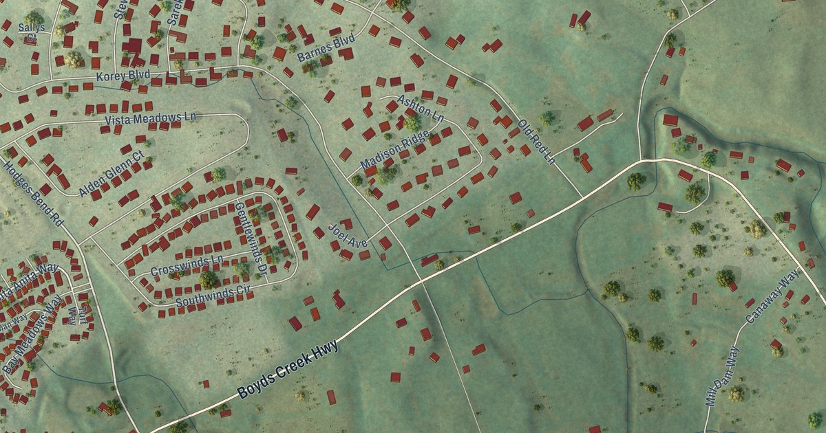 Close-up of streets and buildings in Boyds Creek, Tennessee