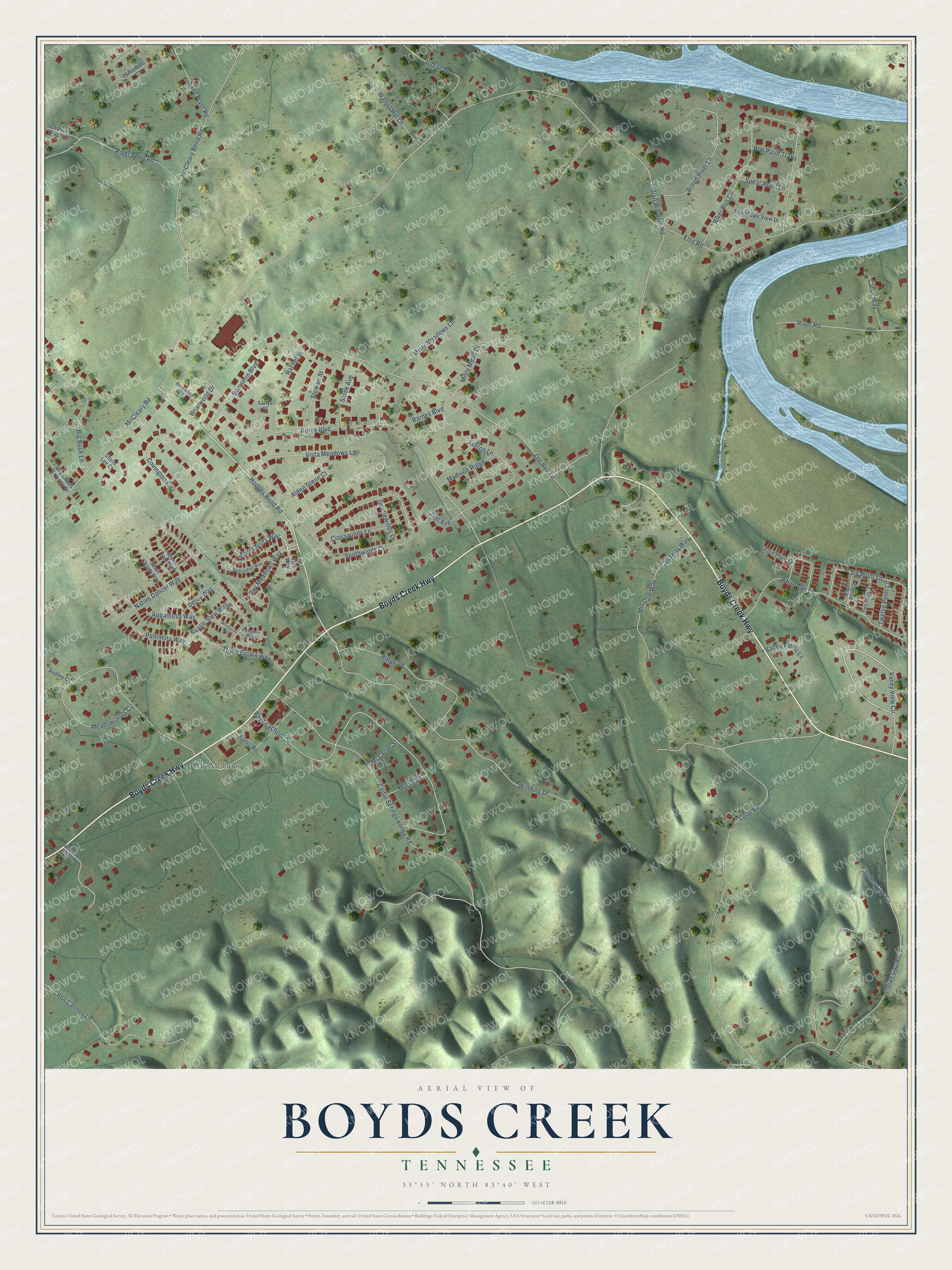 Full map of Boyds Creek, Tennessee, with red buildings, printed street names and the land around them