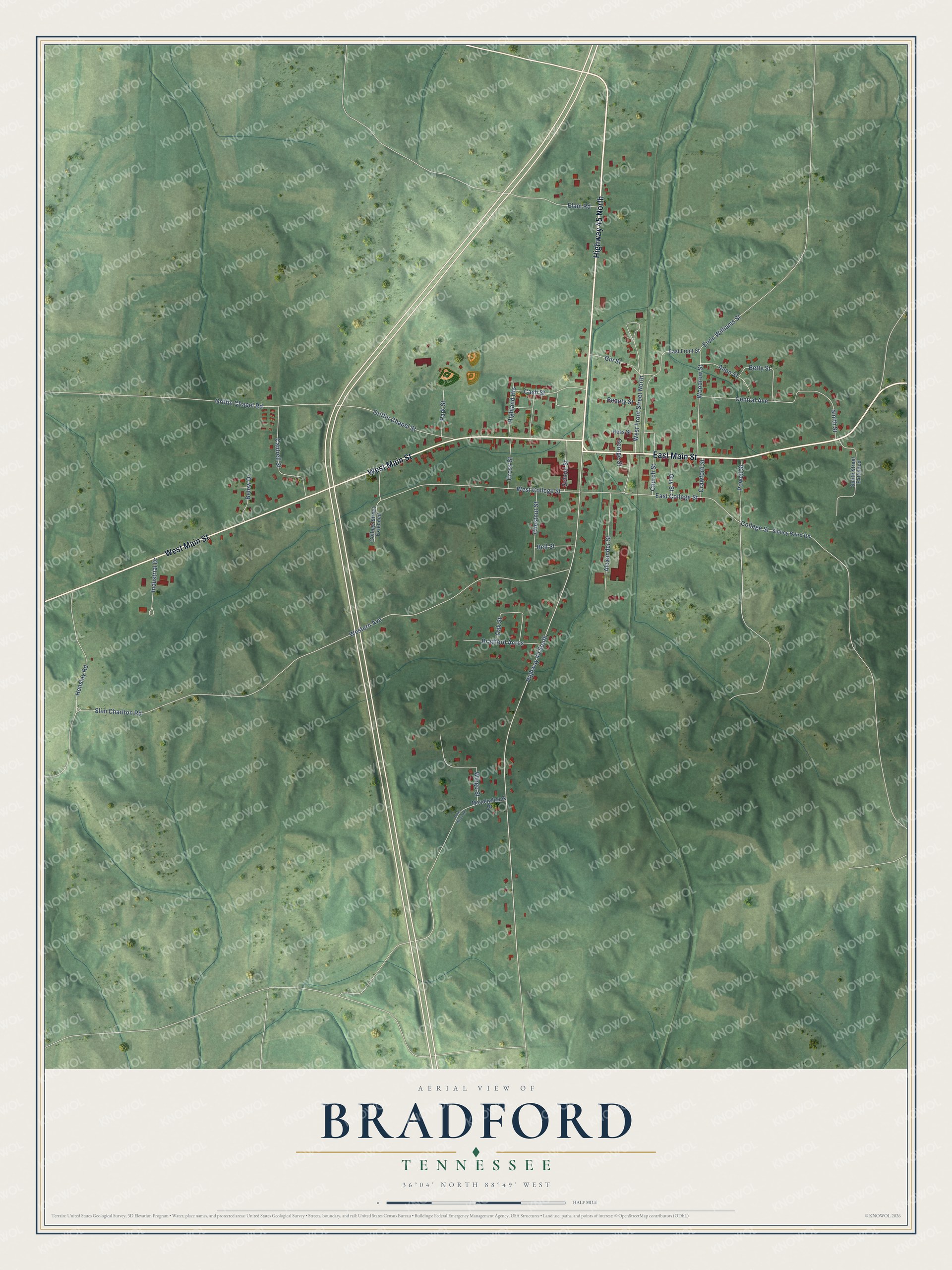 Full map of Bradford, Tennessee, with red buildings, printed street names and the land around them