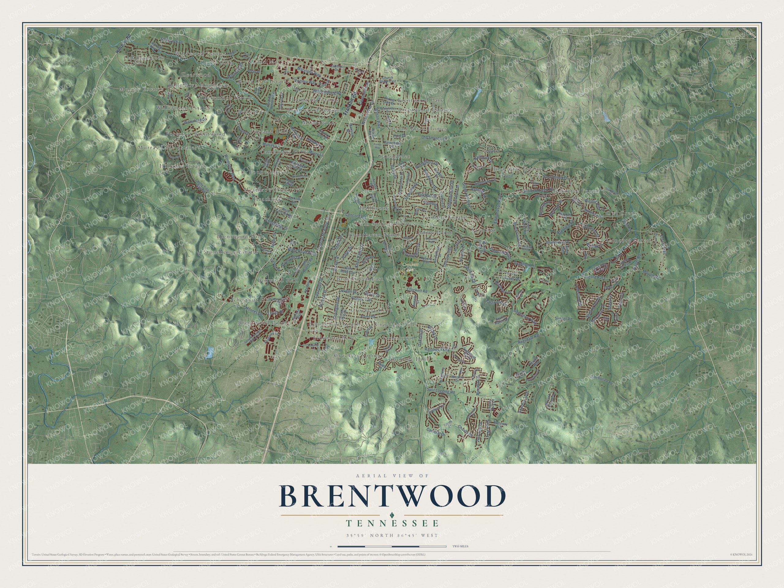Full map of Brentwood, Tennessee, with red buildings, printed street names and the land around them
