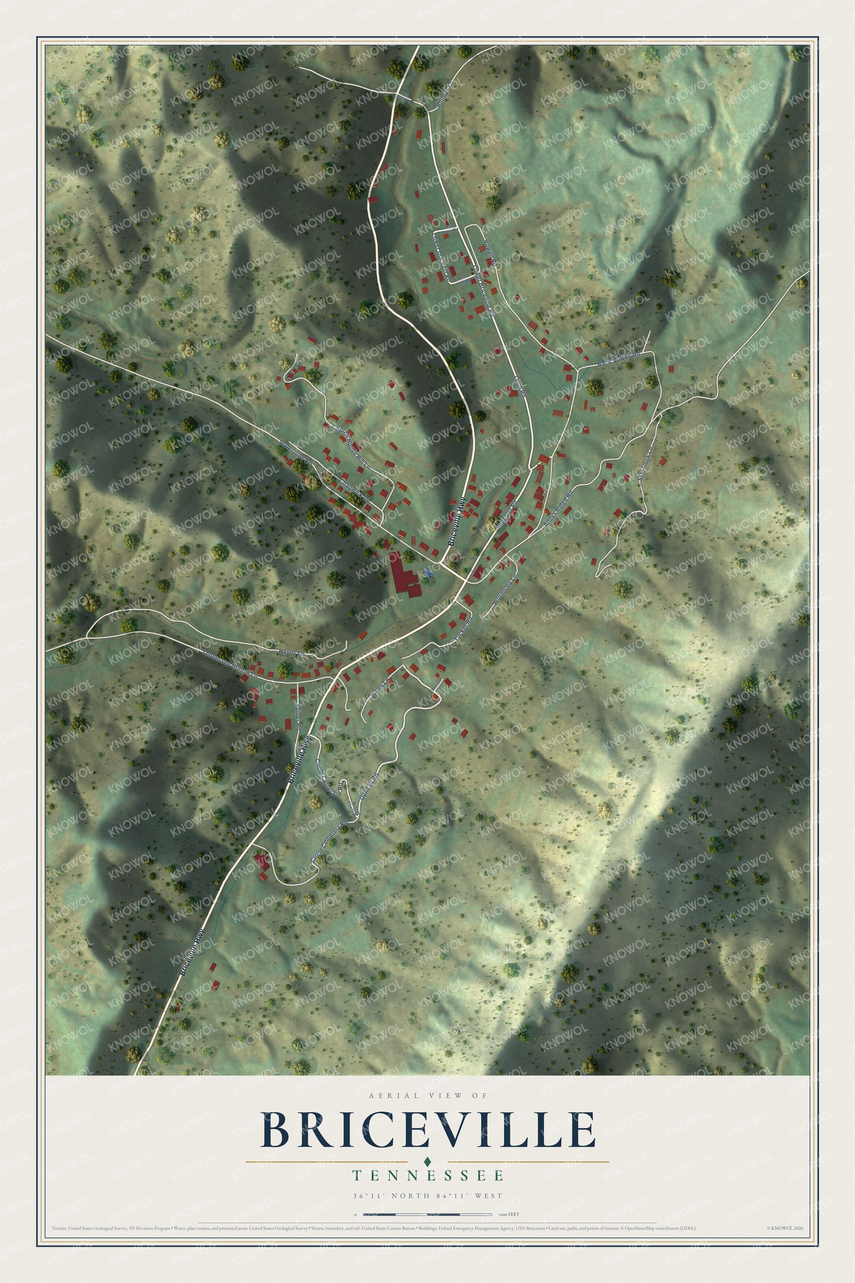 Full map of Briceville, Tennessee, with red buildings, printed street names and the land around them