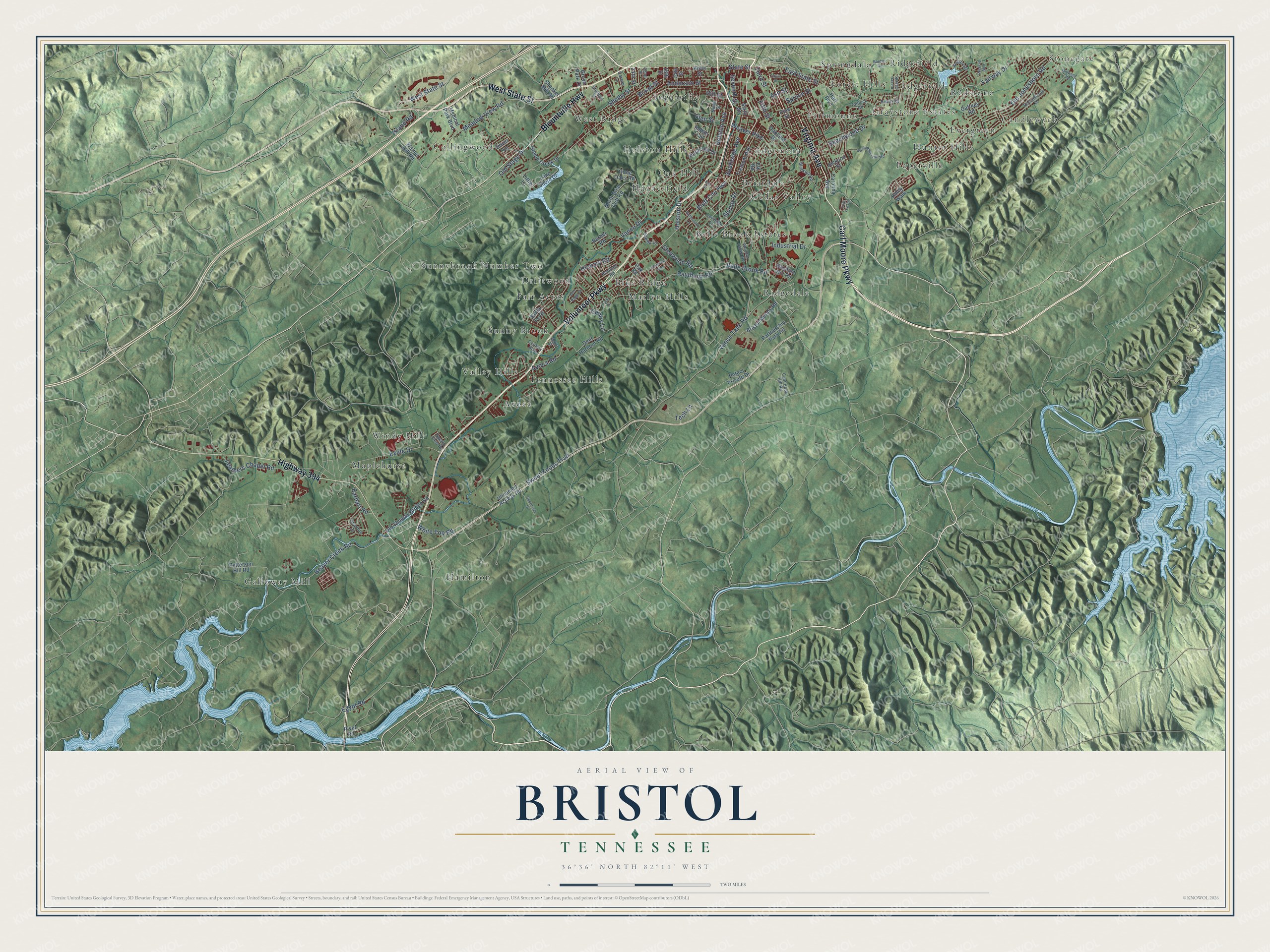 Full map of Bristol, Tennessee, with red buildings, printed street names and the land around them