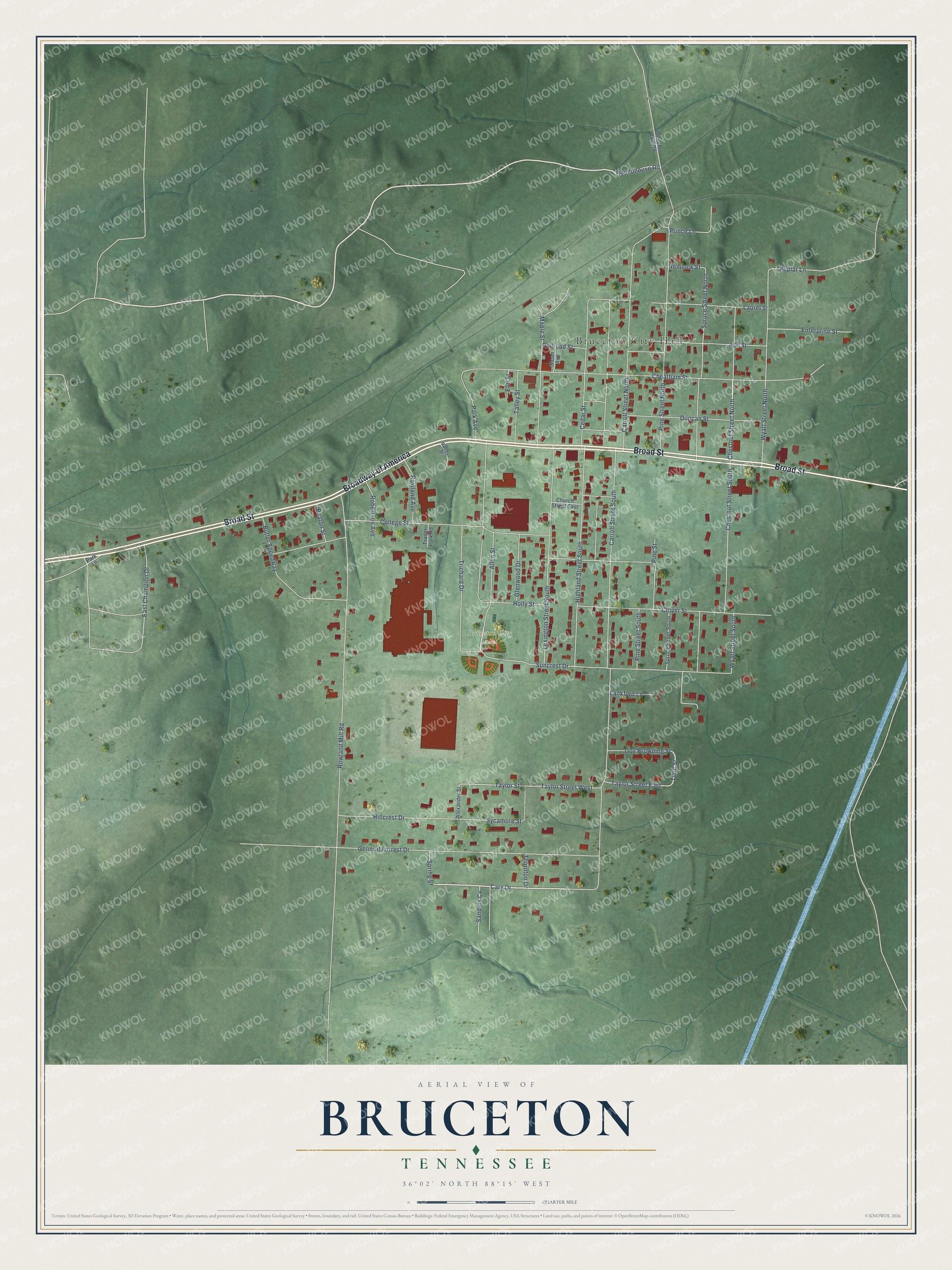 Full map of Bruceton, Tennessee, with red buildings, printed street names and the land around them
