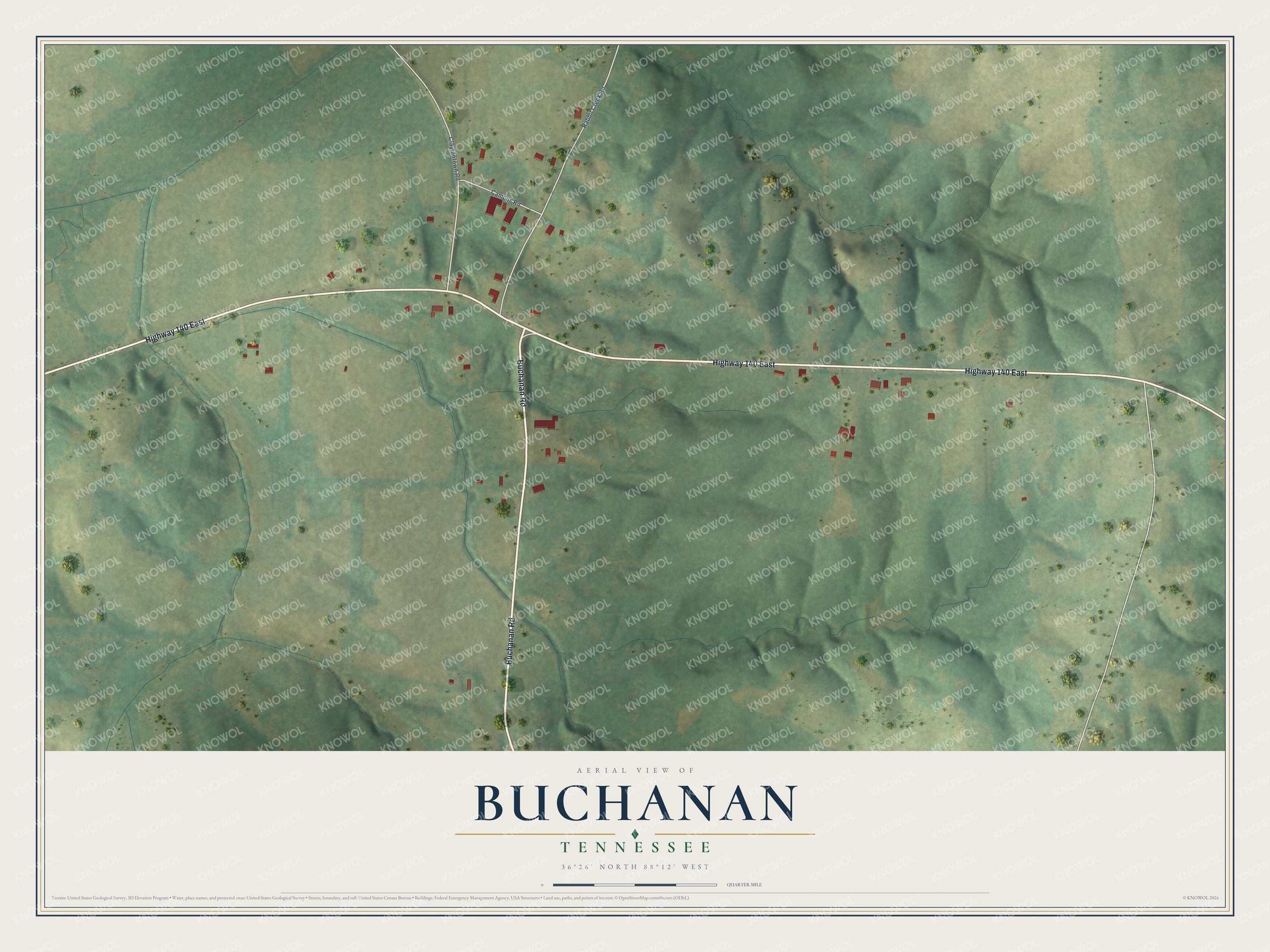 Full map of Buchanan, Tennessee, with red buildings, printed street names and the land around them