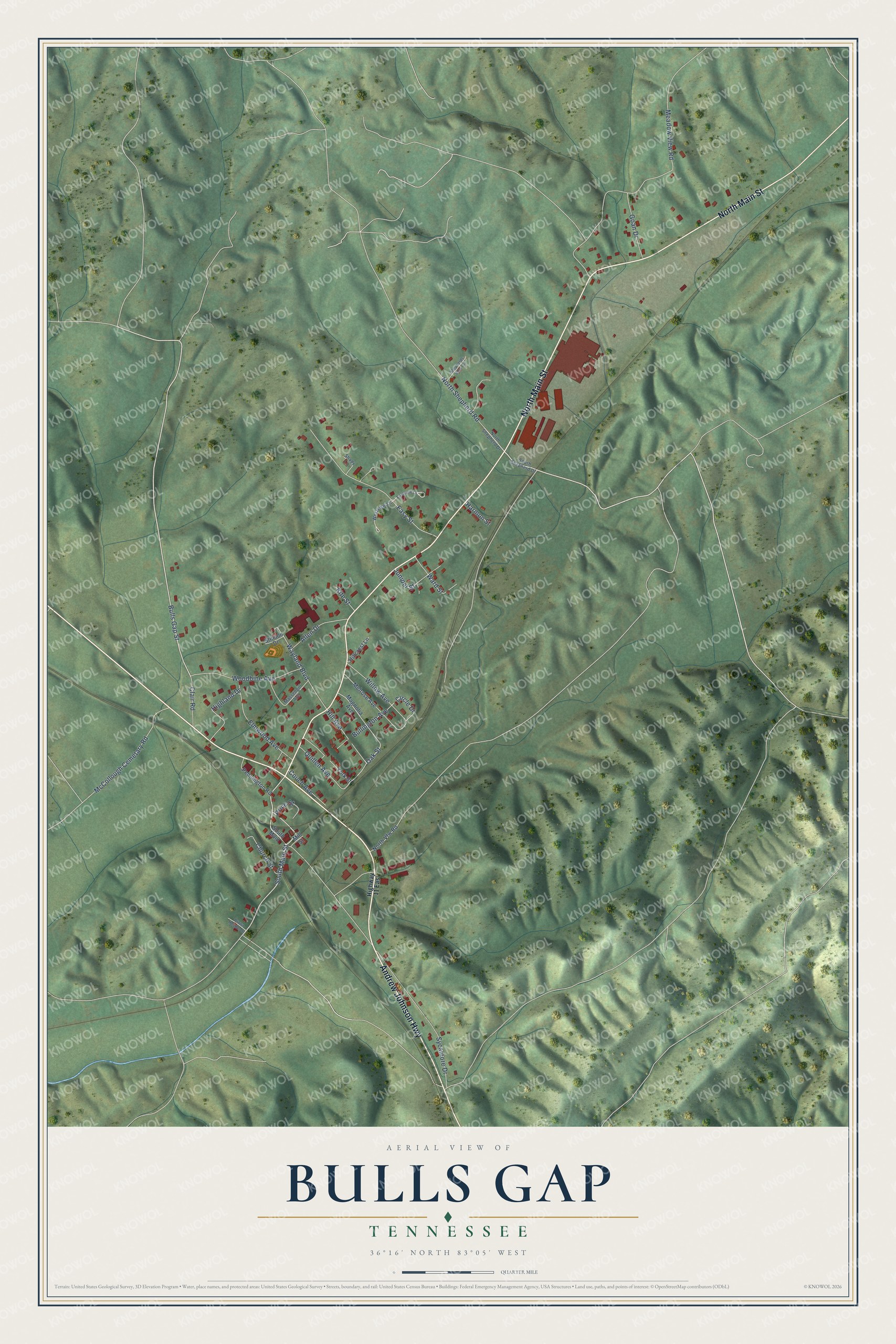 Full map of Bulls Gap, Tennessee, with red buildings, printed street names and the land around them