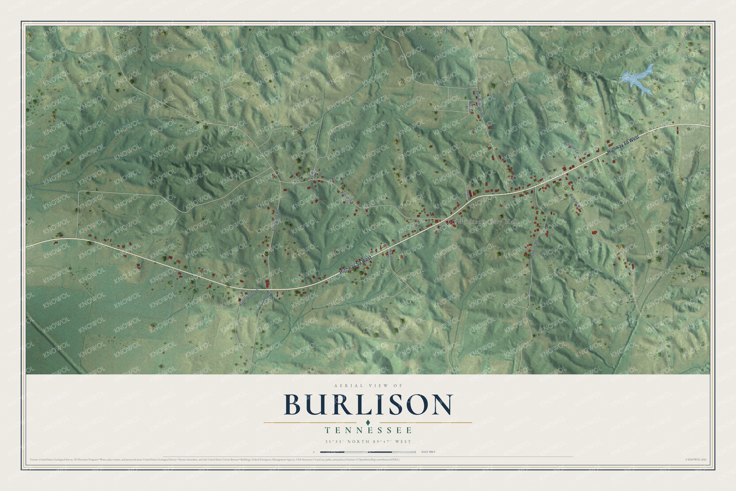 Full map of Burlison, Tennessee, with red buildings, printed street names and the land around them