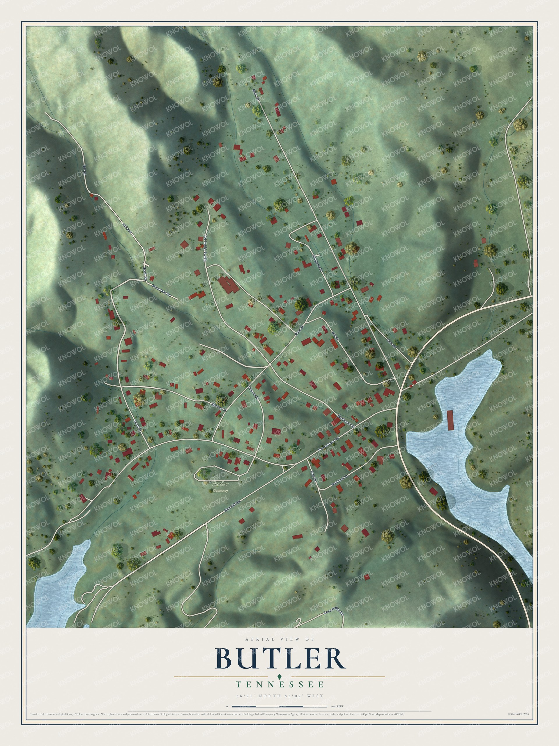 Full map of Butler, Tennessee, with red buildings, printed street names and the land around them
