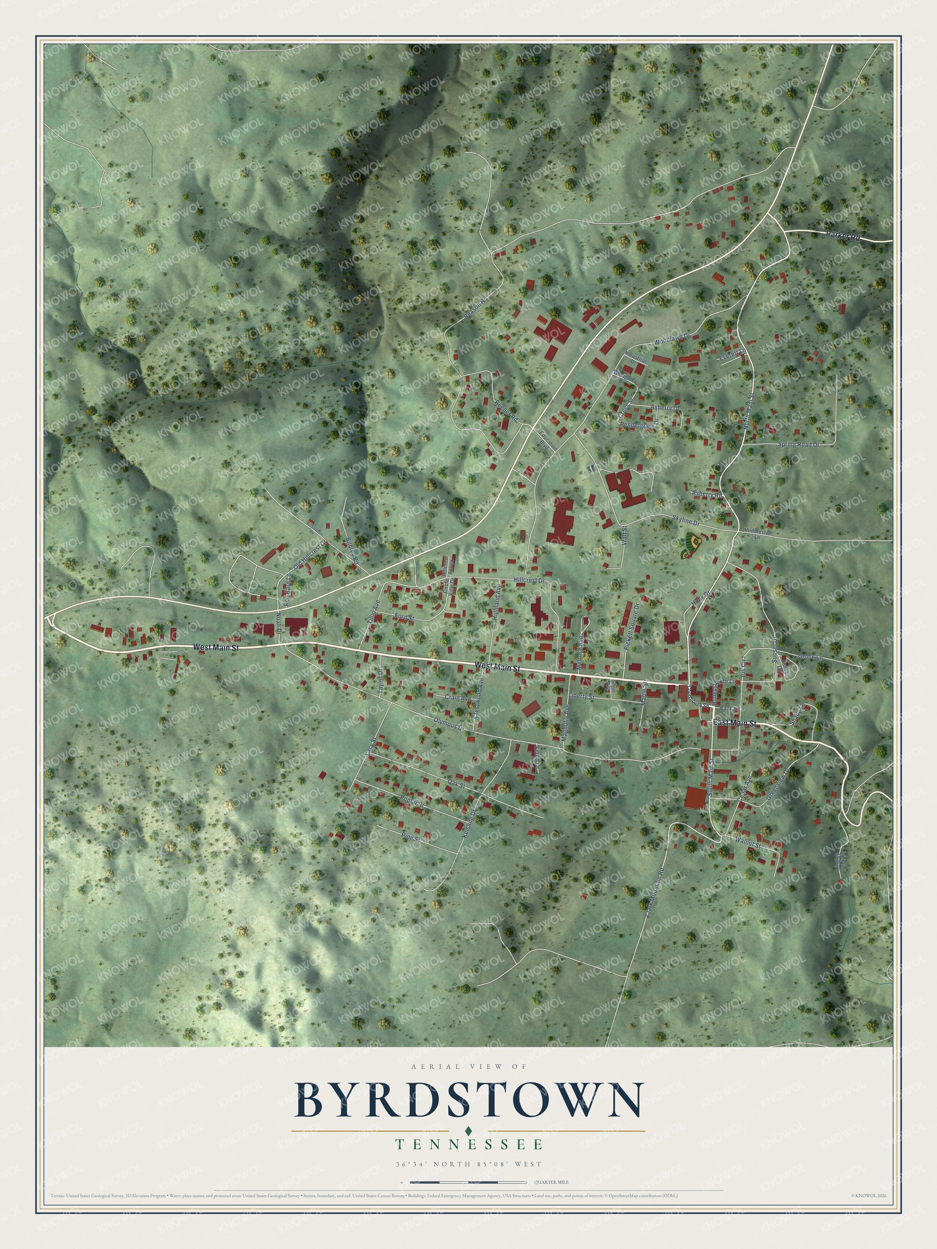 Full map of Byrdstown, Tennessee, with red buildings, printed street names and the land around them