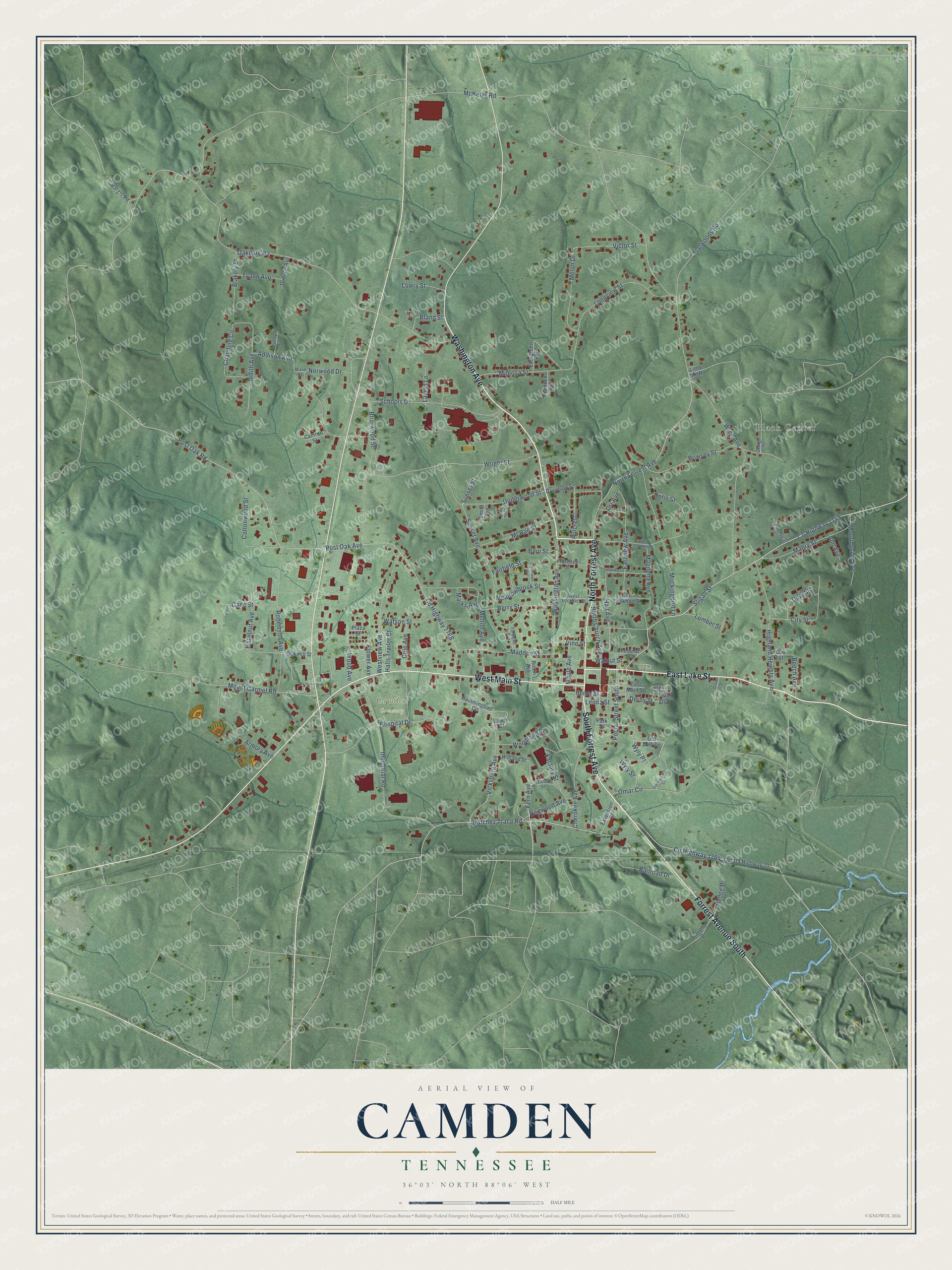 Full map of Camden, Tennessee, with red buildings, printed street names and the land around them