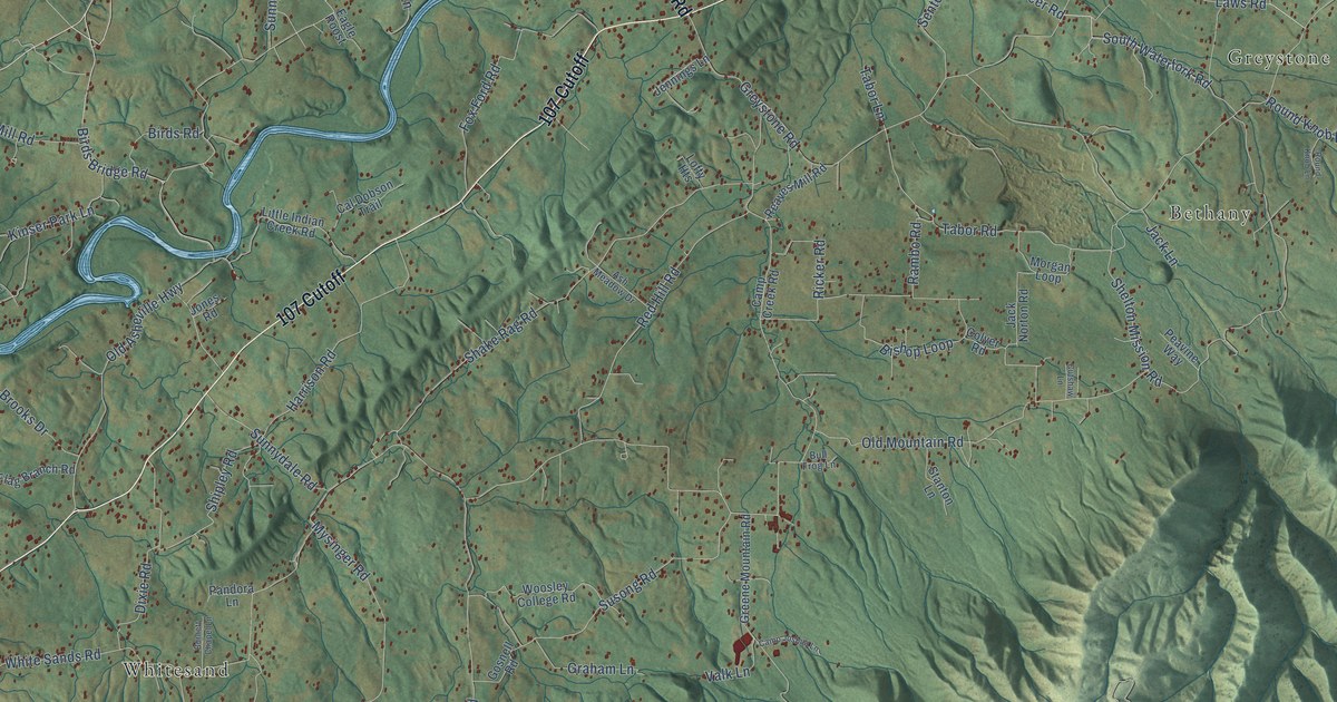 Close-up of streets and buildings in Camp Creek, Tennessee