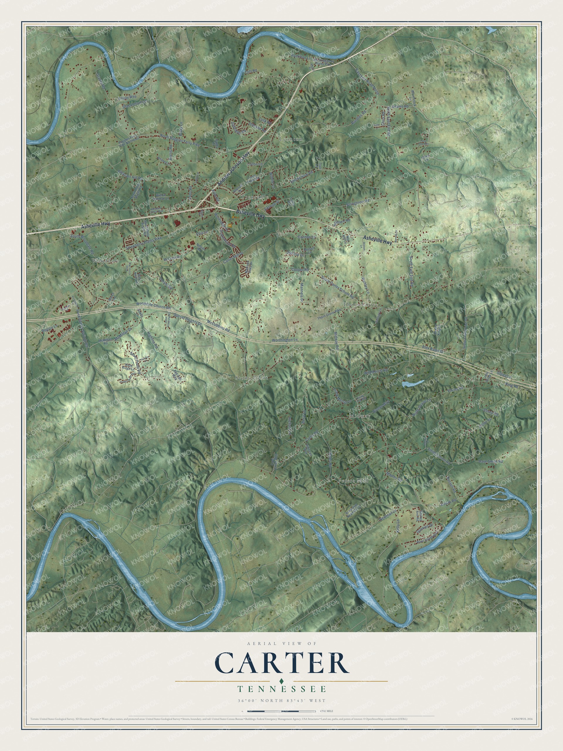 Full map of Carter, Tennessee, with red buildings, printed street names and the land around them