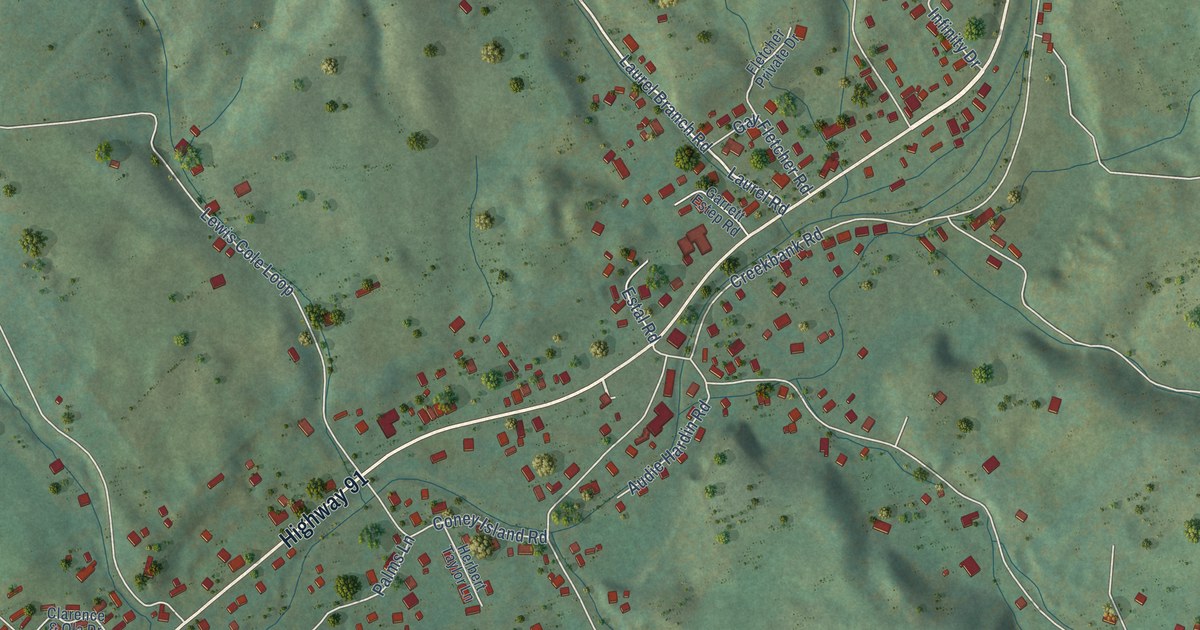 Close-up of streets and buildings in Carter, Carter County, Tennessee