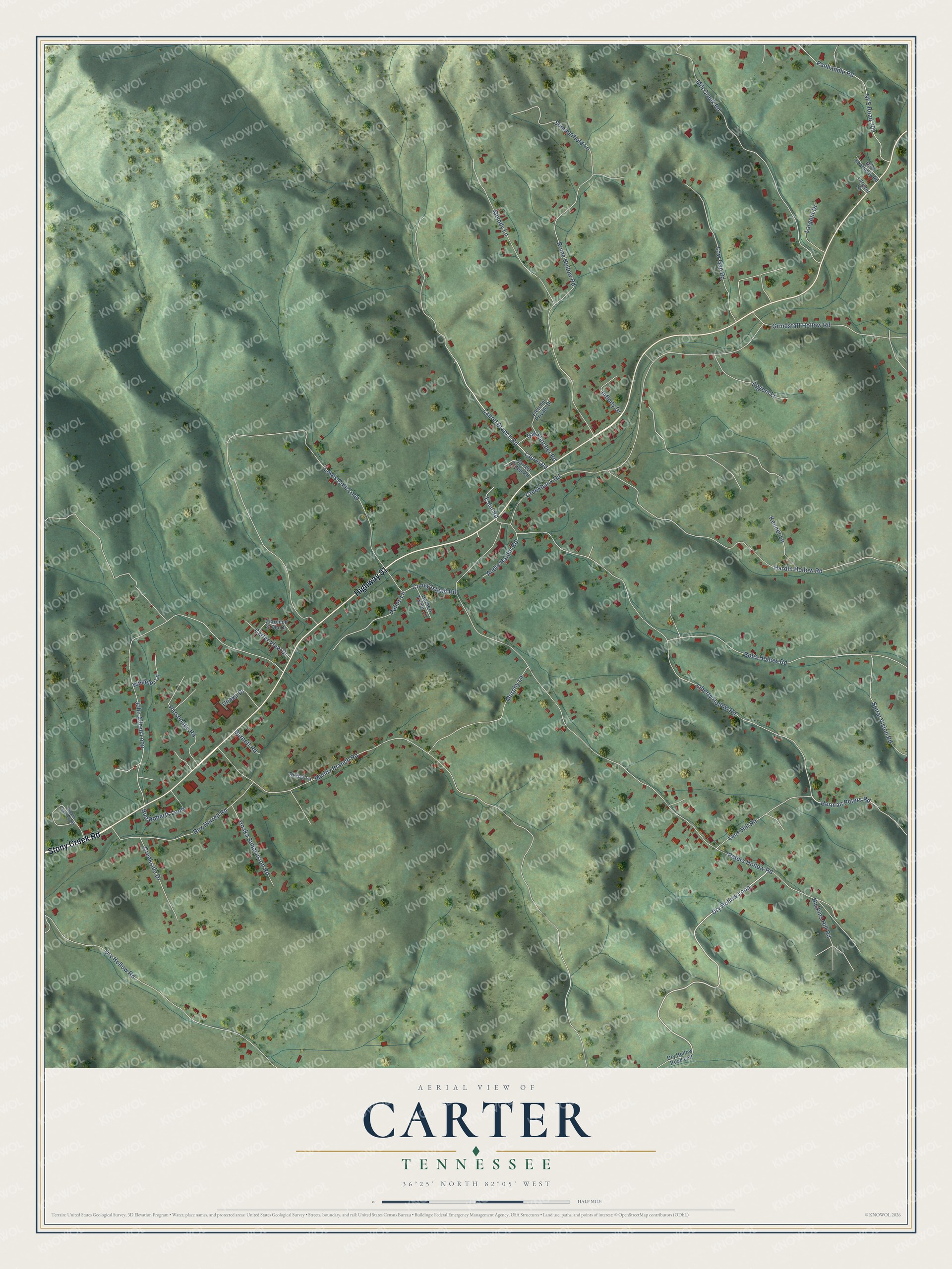 Full map of Carter, Tennessee, with red buildings, printed street names and the land around them