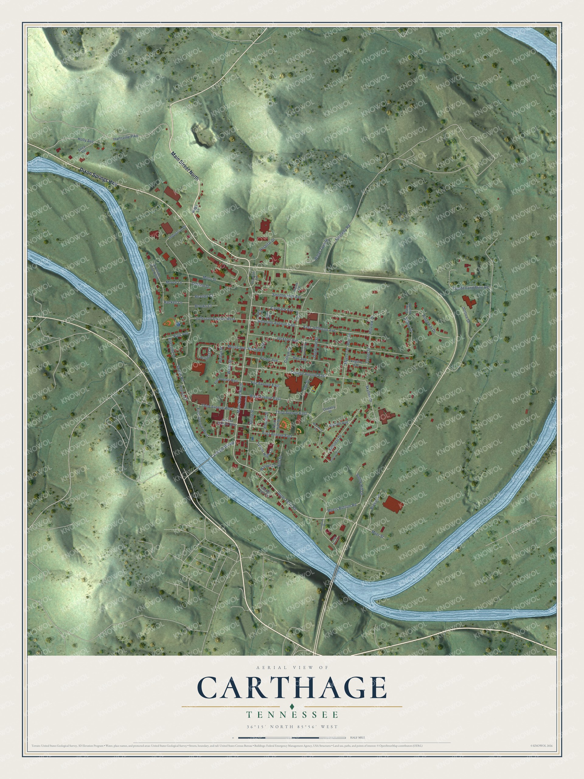 Full map of Carthage, Tennessee, with red buildings, printed street names and the land around them