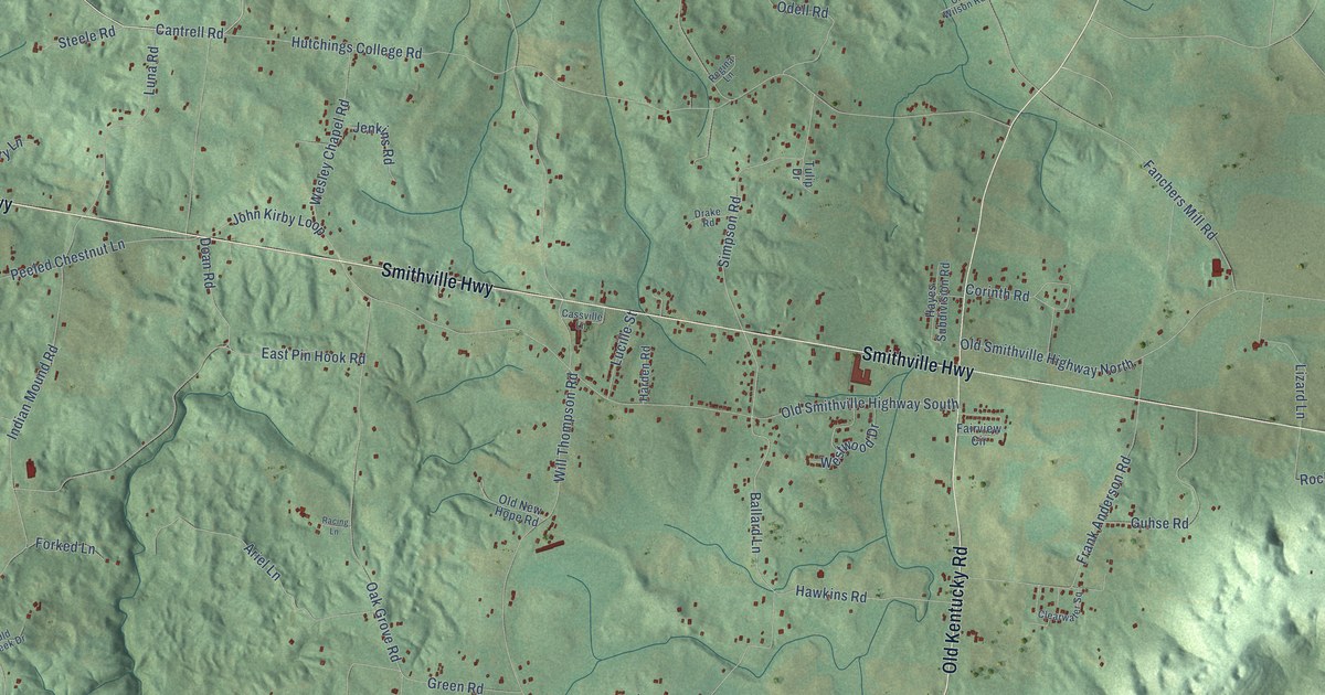 Close-up of streets and buildings in Cassville, Tennessee