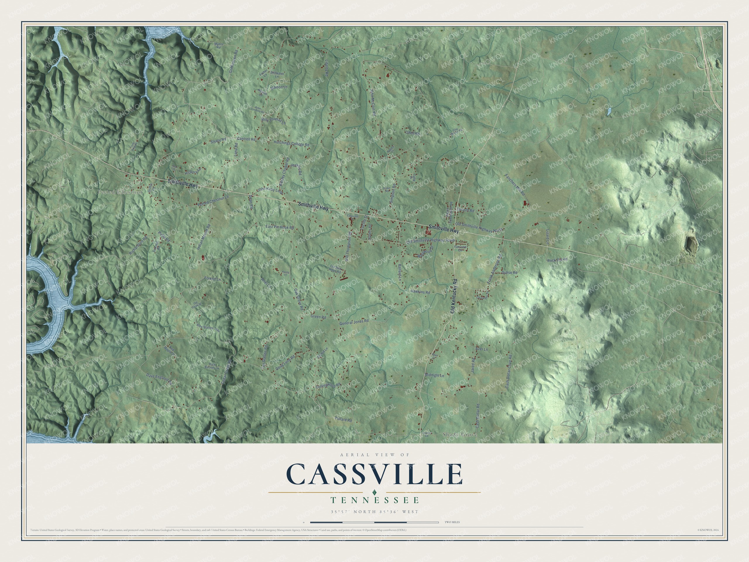Full map of Cassville, Tennessee, with red buildings, printed street names and the land around them