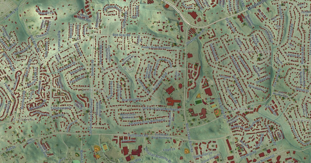 Close-up of streets and buildings in Cedar Bluff, Tennessee