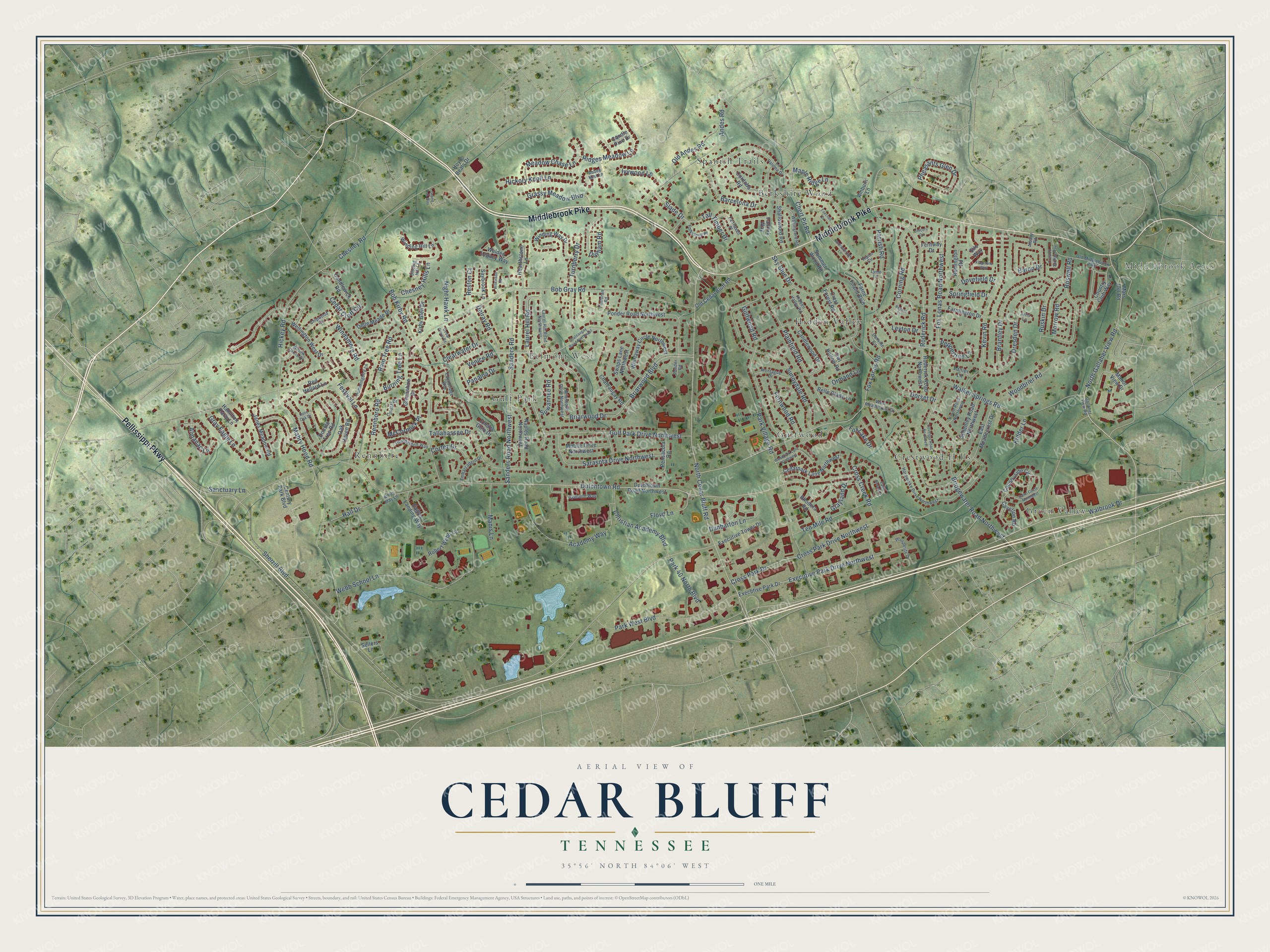 Full map of Cedar Bluff, Tennessee, with red buildings, printed street names and the land around them