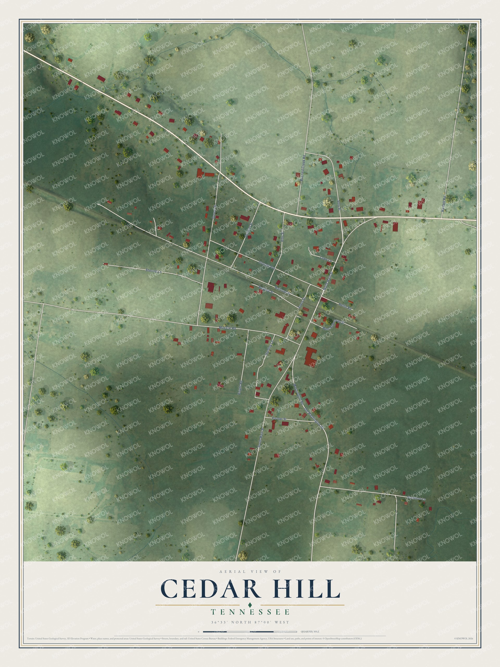 Full map of Cedar Hill, Tennessee, with red buildings, printed street names and the land around them
