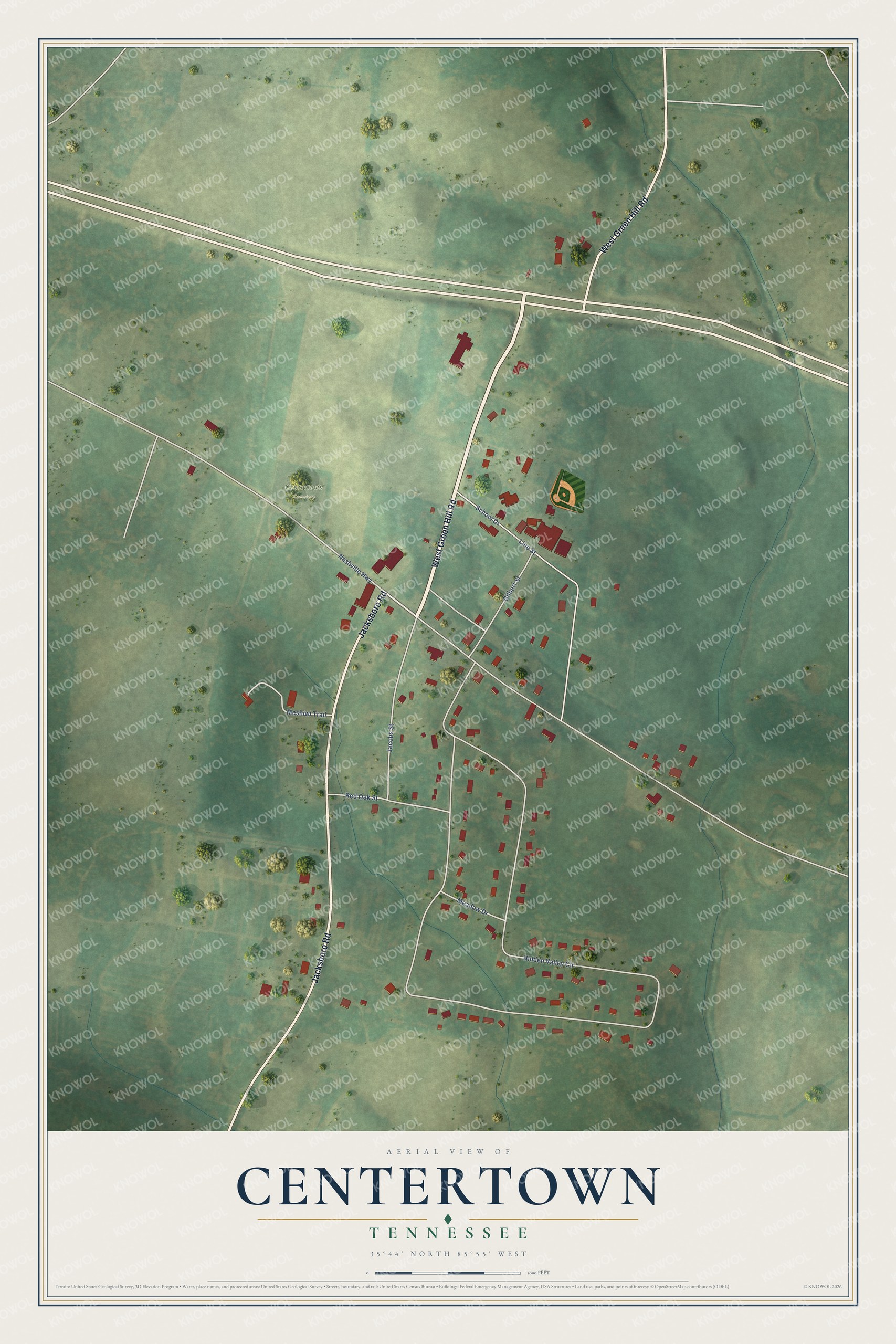 Full map of Centertown, Tennessee, with red buildings, printed street names and the land around them