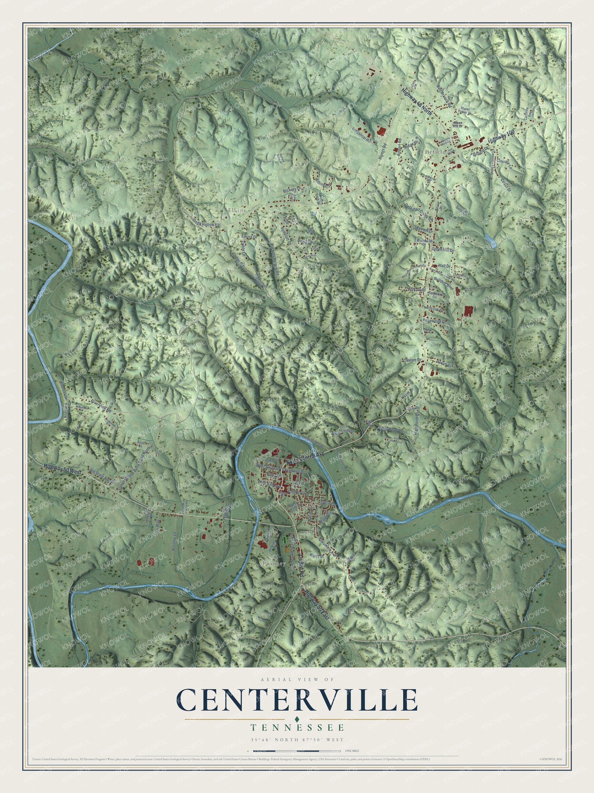 Full map of Centerville, Tennessee, with red buildings, printed street names and the land around them