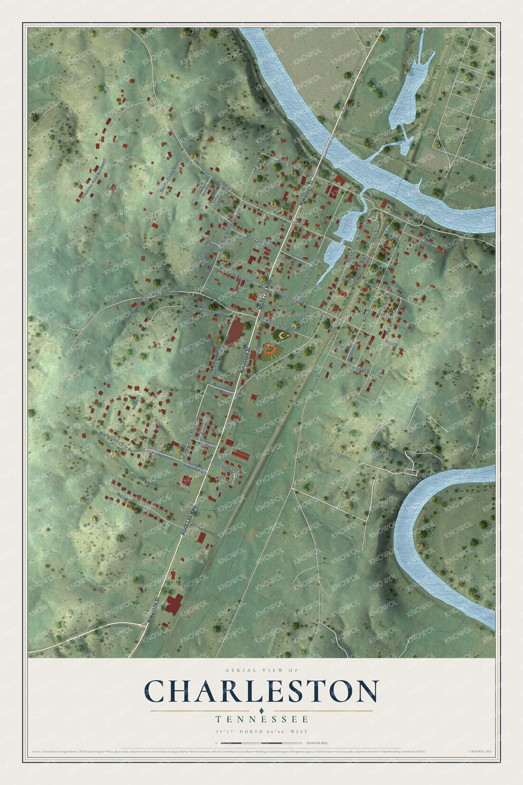 Full map of Charleston, Tennessee, with red buildings, printed street names and the land around them