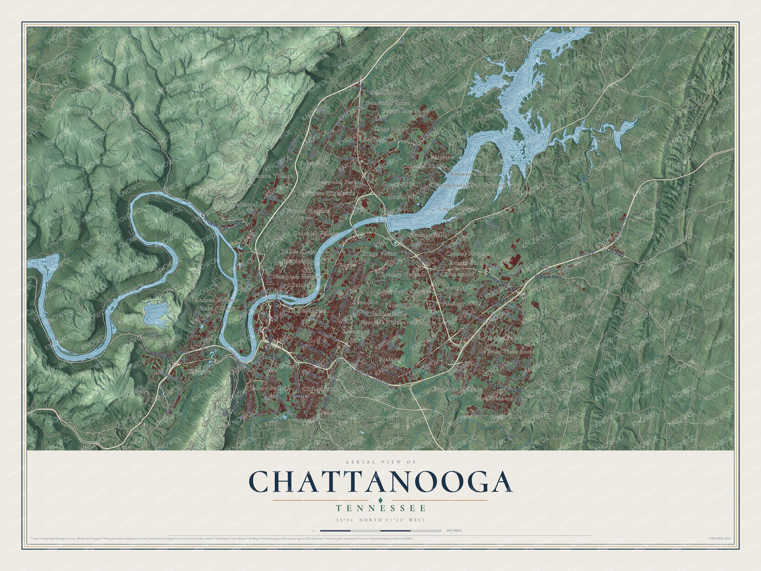 Full map of Chattanooga, Tennessee, with red buildings, printed street names and the land around them