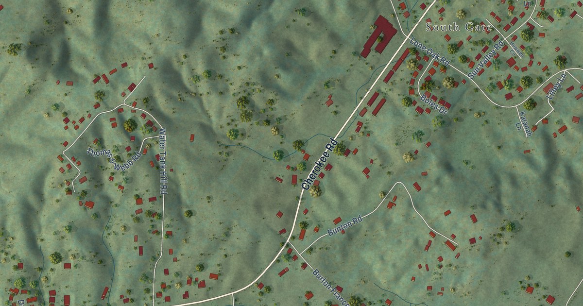 Close-up of streets and buildings in Cherokee, Tennessee