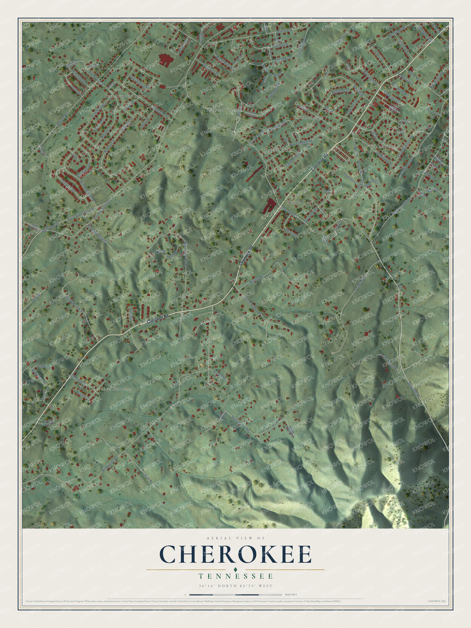 Full map of Cherokee, Tennessee, with red buildings, printed street names and the land around them