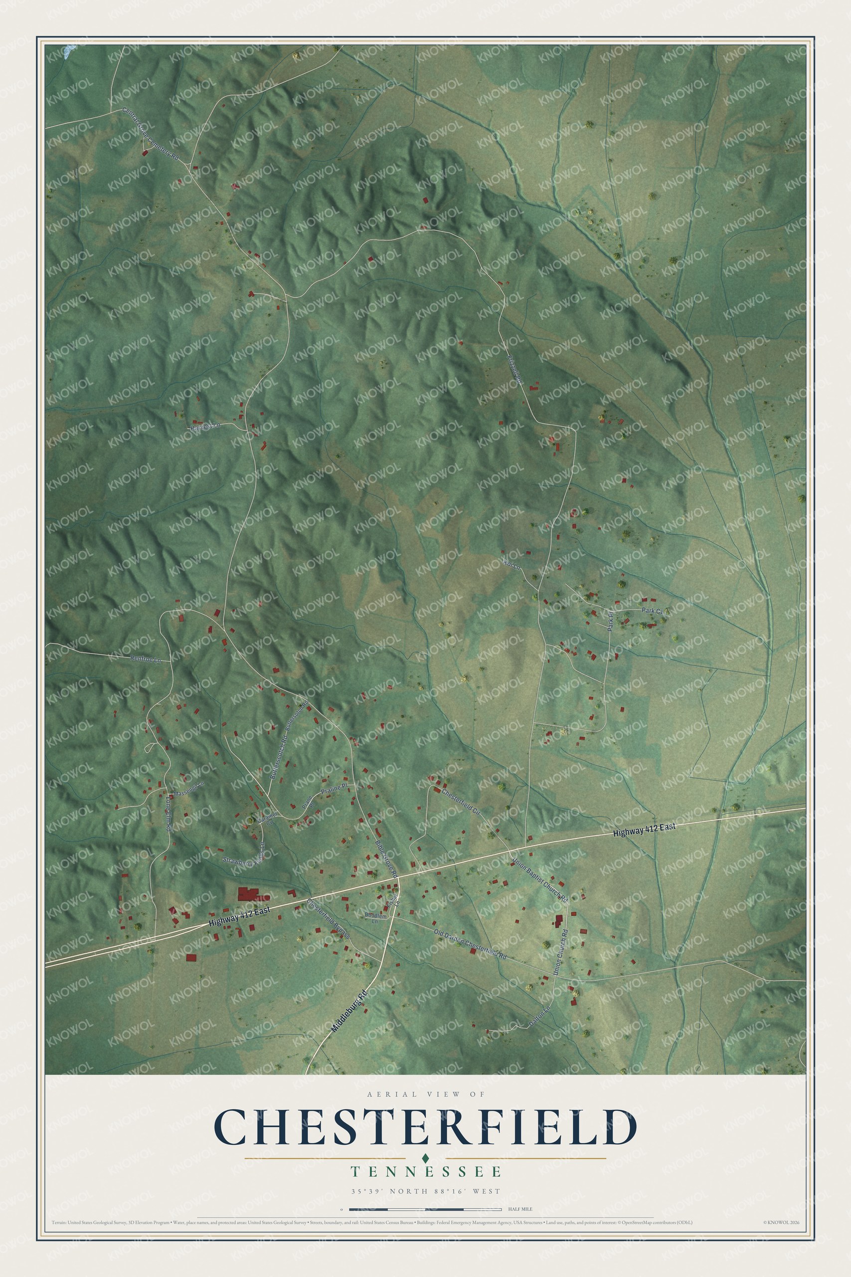 Full map of Chesterfield, Tennessee, with red buildings, printed street names and the land around them