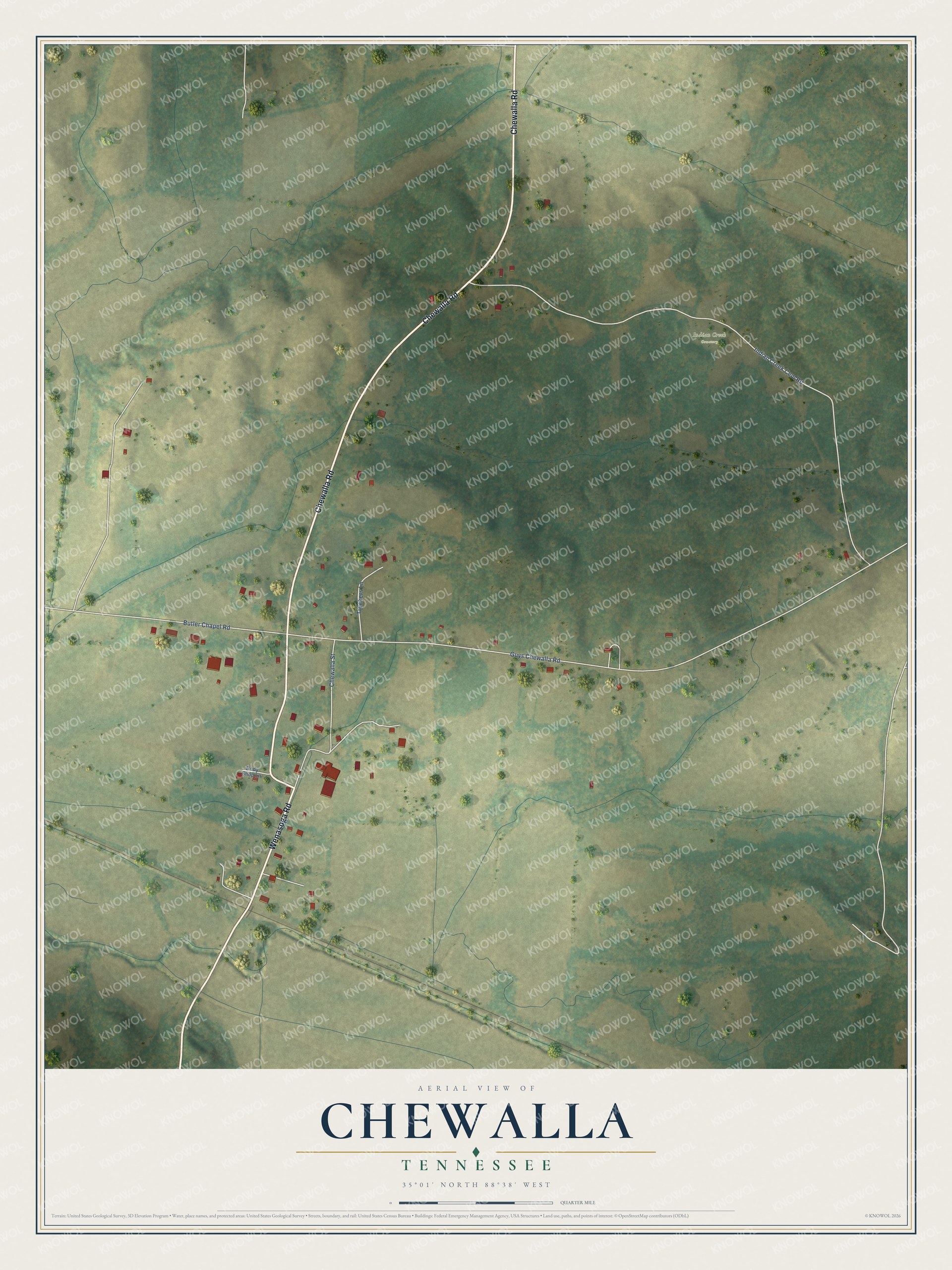 Full map of Chewalla, Tennessee, with red buildings, printed street names and the land around them