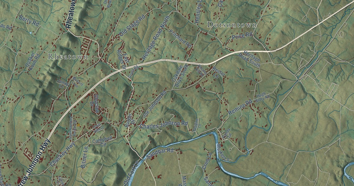 Close-up of streets and buildings in Chuckey, Tennessee