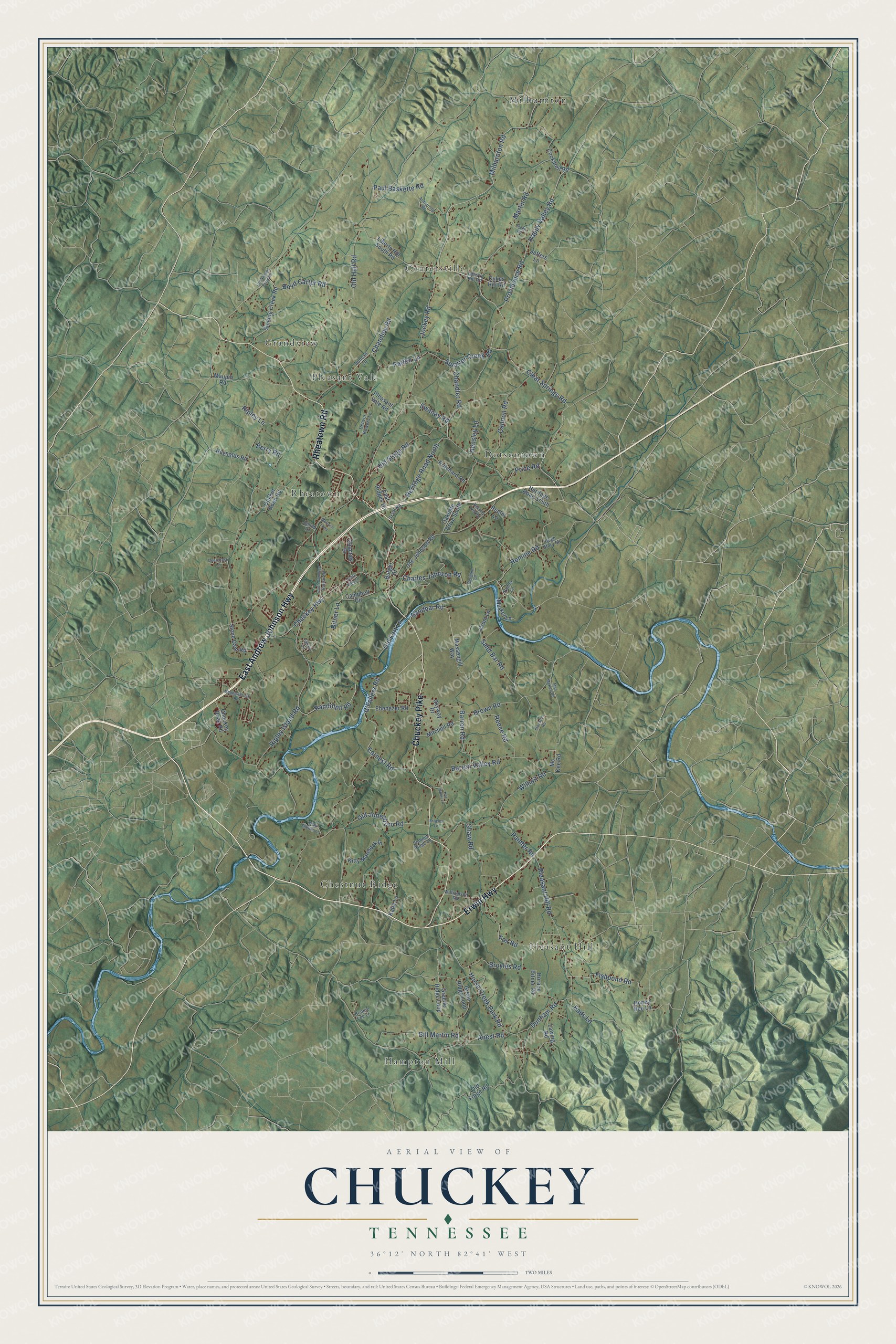 Full map of Chuckey, Tennessee, with red buildings, printed street names and the land around them